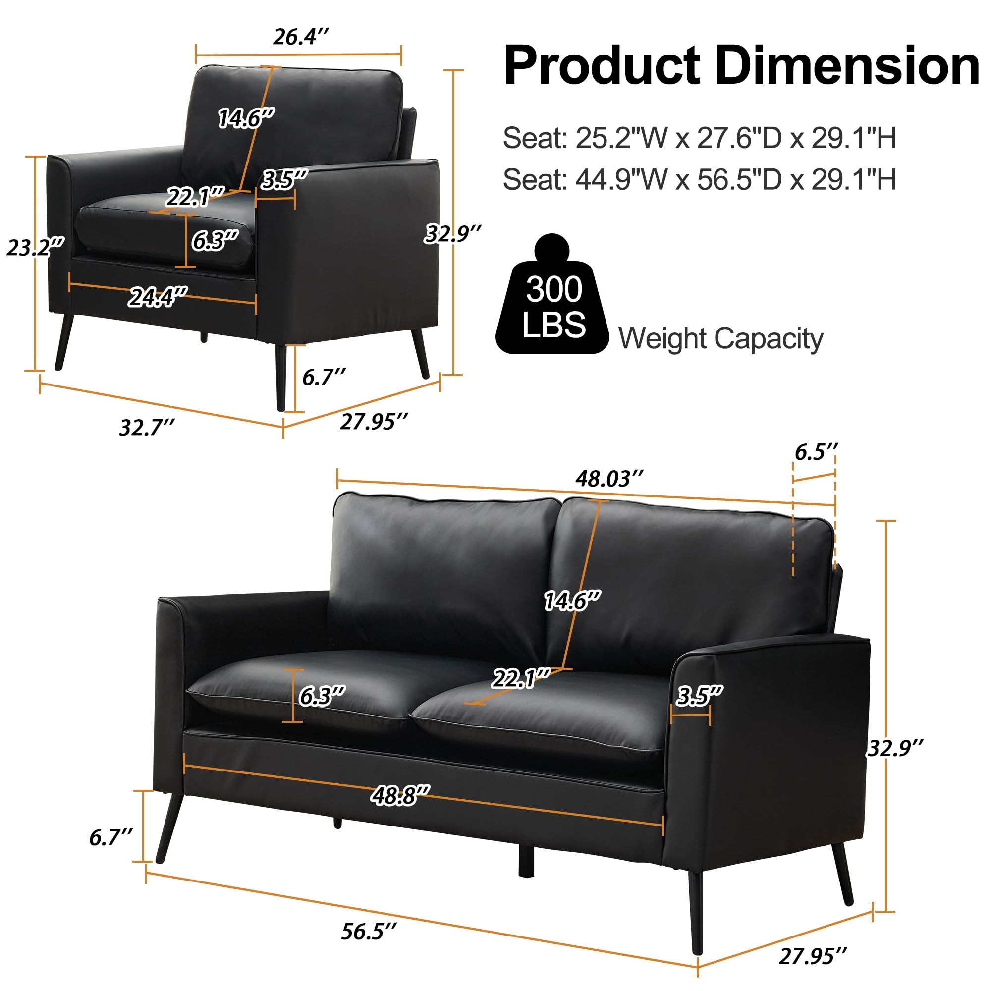 Modern Leather Loveseat, Upholstered Couch for Guest, Mid-Century Accent Chair for Living Room Comfy, Couches for Small Spaces, Sofa Chair Reading Chair for Waiting Room.