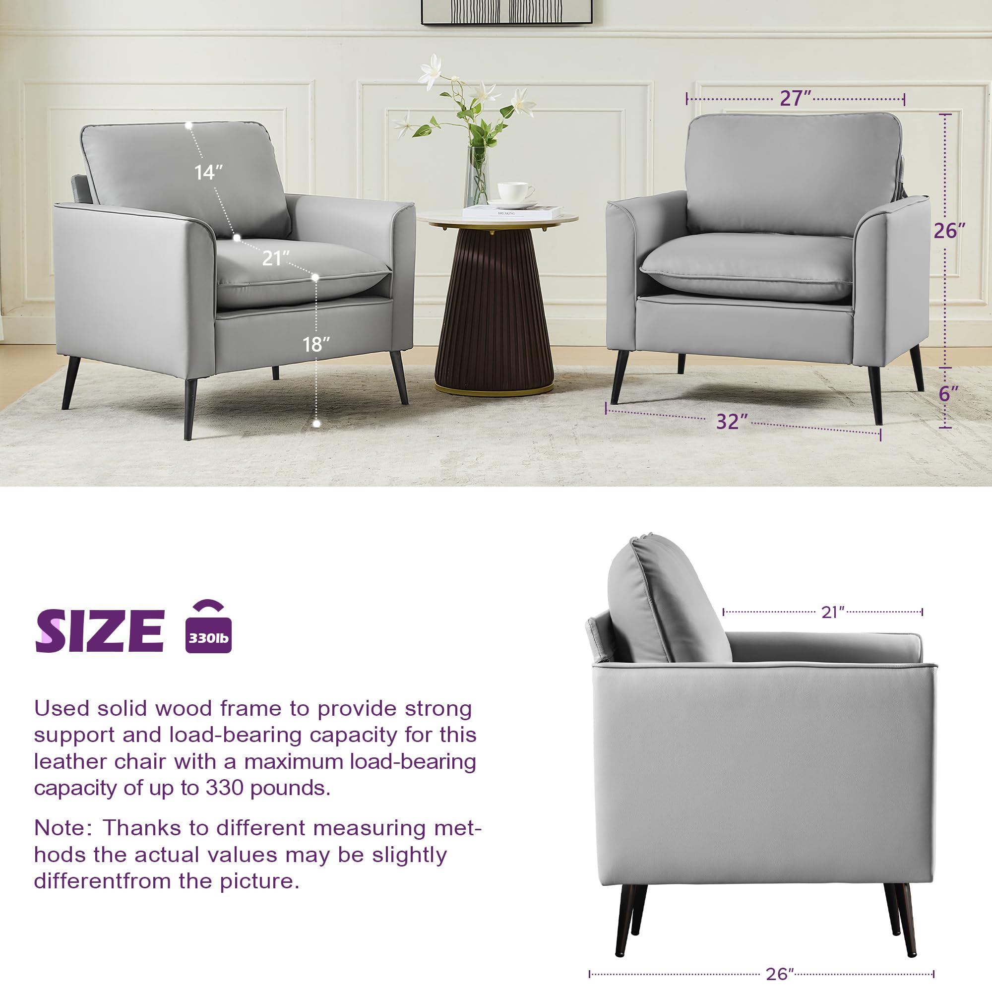 Accent Chairs Set of 2, Faux Leather Chairs, Mid Century Modern Comfy Living Room Chairs, Cozy Office Reading Chair, Reception Armchairs for Office, Bedroom, Waiting Room (Grey) (2)