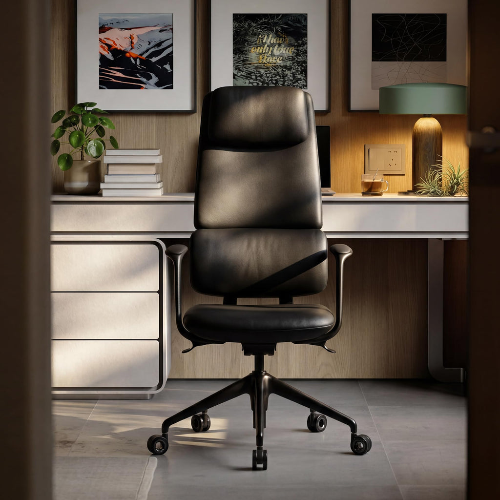 Genuine Leather Office Desk Chair, Ergonomic Leather Executive Office Chair, Upgraded Wood Grain Finish and S Curve Back with Solid Aluminum Frame, Luxury and Mordern