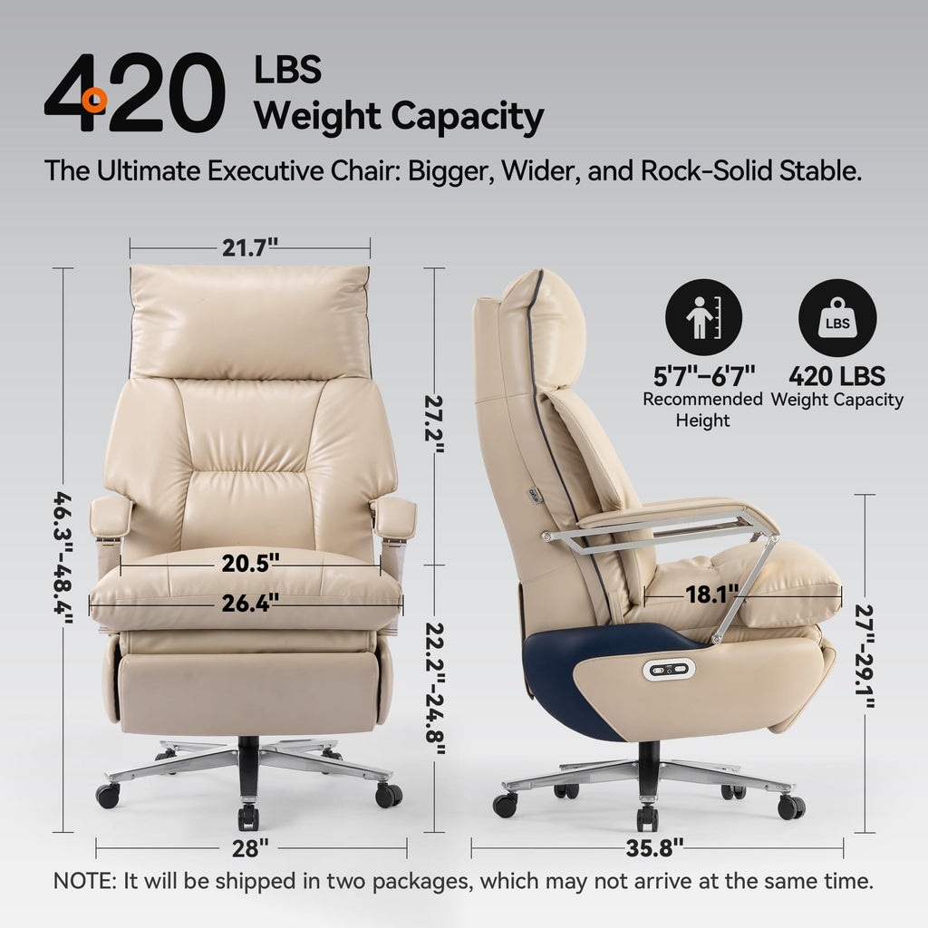 Dual Motor Electric Executive Office Chair with Footrest, Comfortable Reclining Office Chair Wide Seat, Big and Tall Ergonomic Leather Home Office Desk Chair (Beige,No Massage)