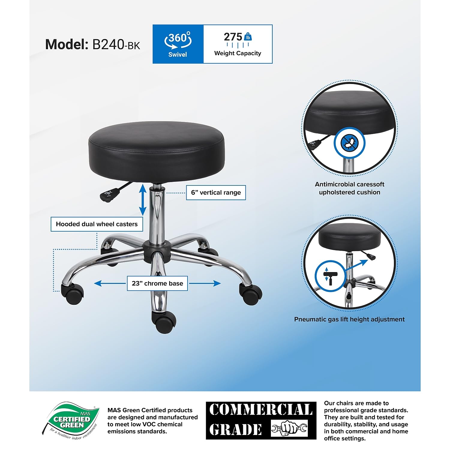Antimicrobial Vinyl Medical Spa Stool in Black