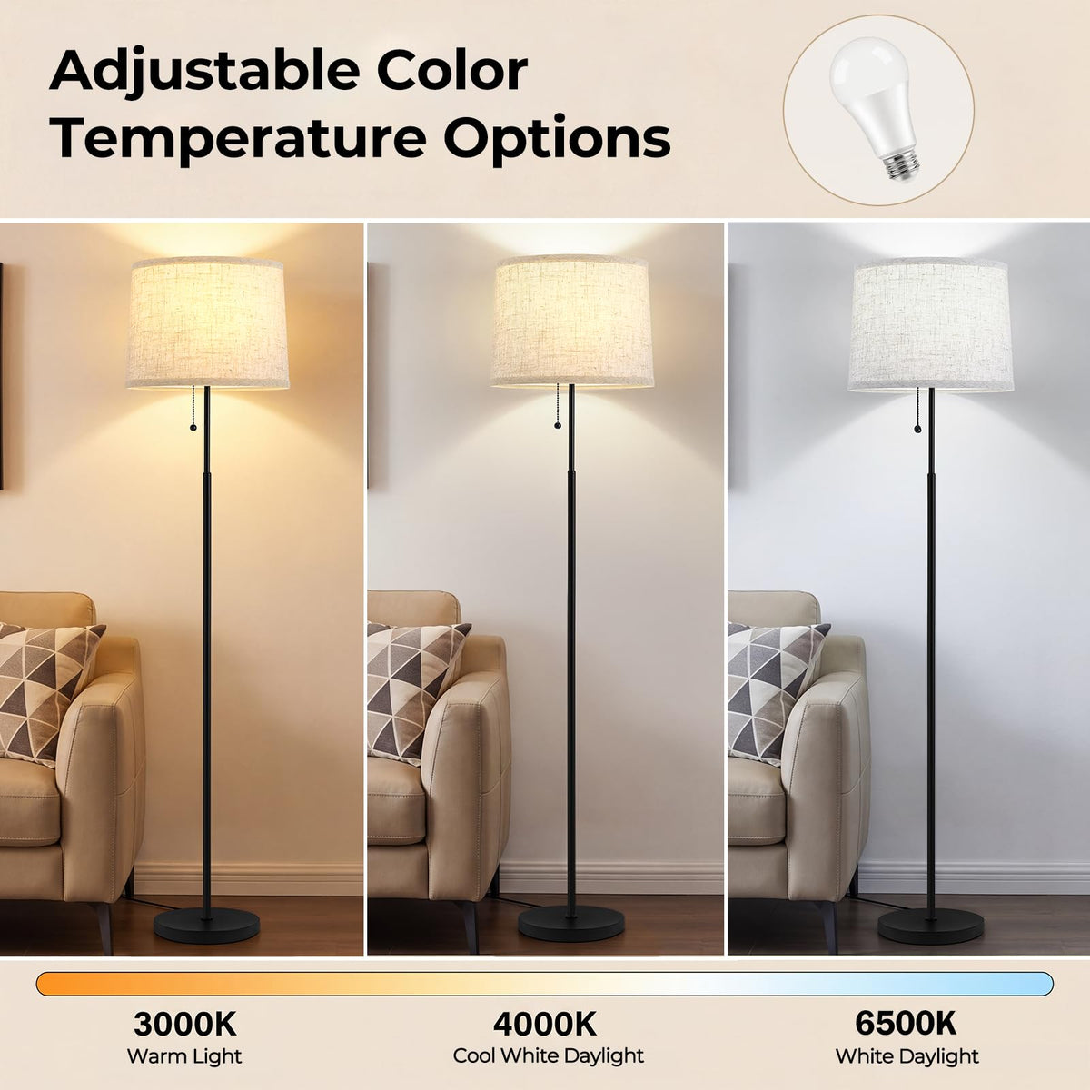 Floor Lamps for Living Room & Bedroom, 60" Modern Tall Standing Lamp, 3CCT