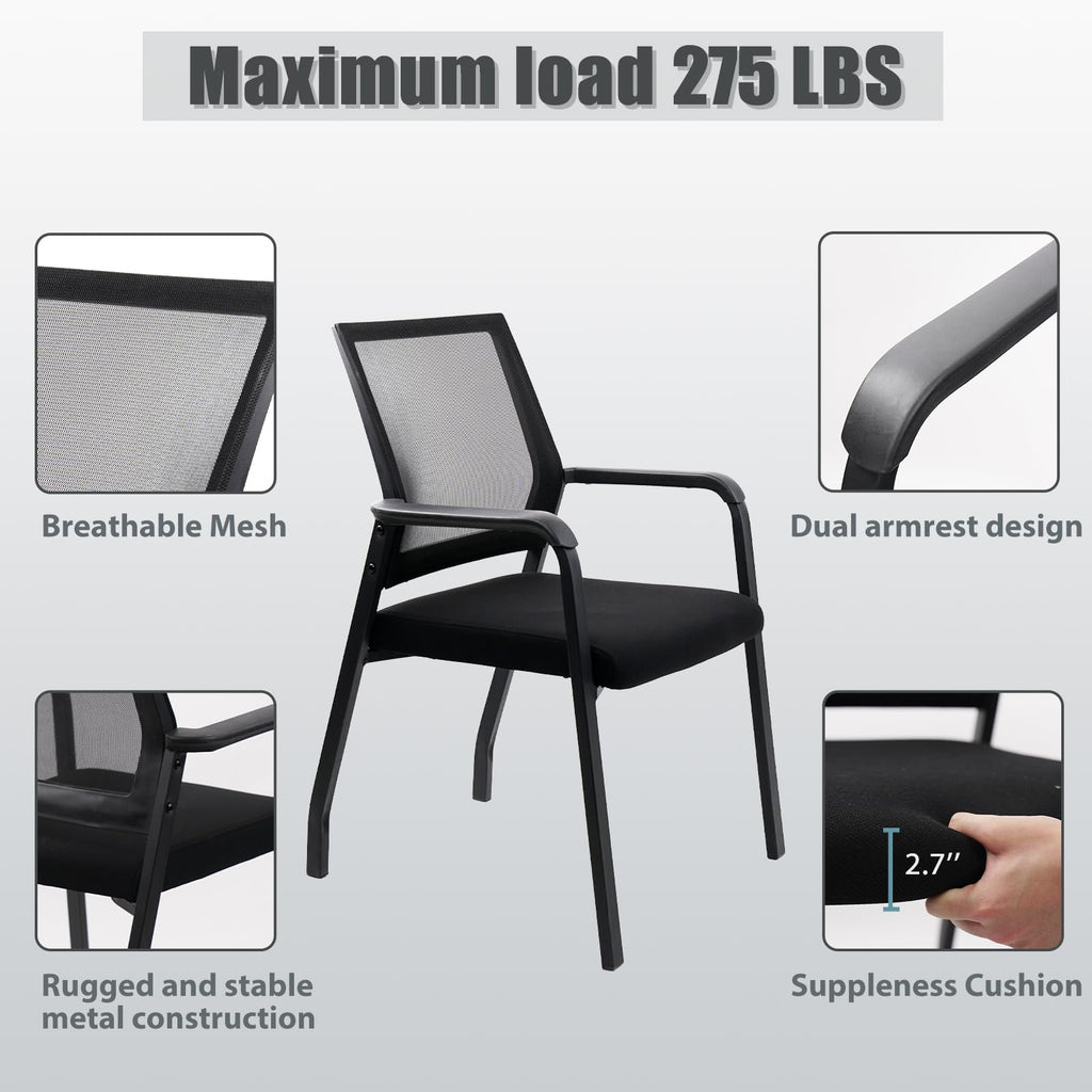 4 Pack Black, Desk Chair No Wheels, Arm Chair with Ergonomic Lumbar Support and Thickened Seats Cushion, Waiting Room Chairs for Office School Church Guest Reception,