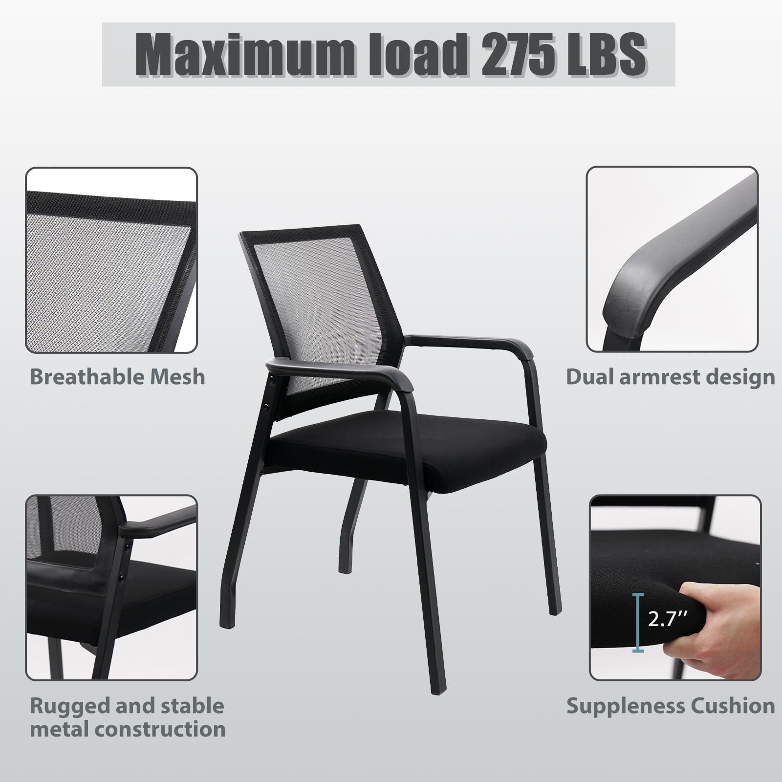2 Pack Black, Desk Chair No Wheels, Arm Chair with Ergonomic Lumbar Support and Thickened Seats Cushion, Waiting Room Chairs for Office School Church Guest Reception,