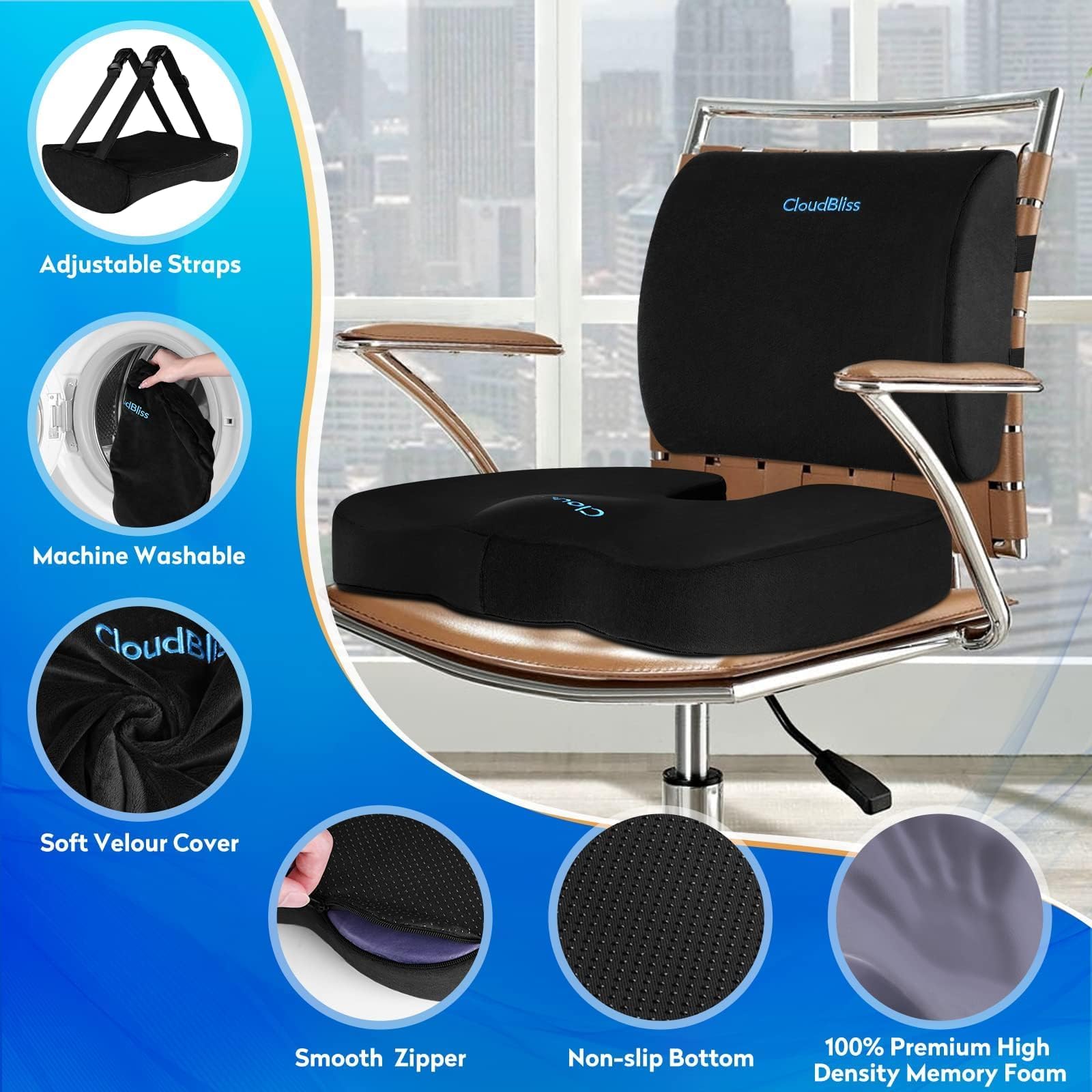 Lumbar Support Pillow & Seat Cushion Set for Office Chair, Desk Chair, Wheelchair & Car–Memory Foam Back Support,Ergonomic Chair Cushions,Sciatica Pain Relief,Home Essentials(Black,XL)