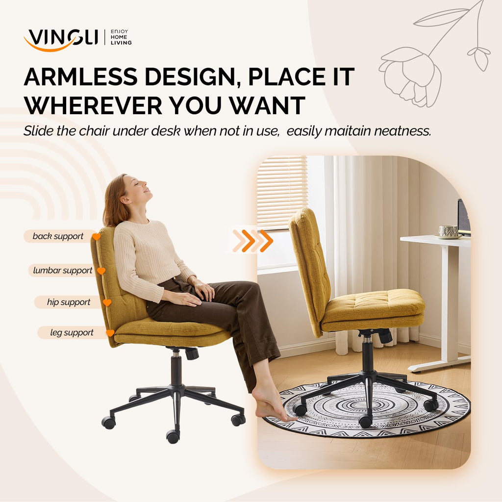 Mid Back Armless Office Desk Chair with Wheels/no Wheels,360°Rocking Swivel Vanity Chair with Thickened Cushion,Adjustable Height Rolling for Reading Room, Make up, Linen Ginger Yellow