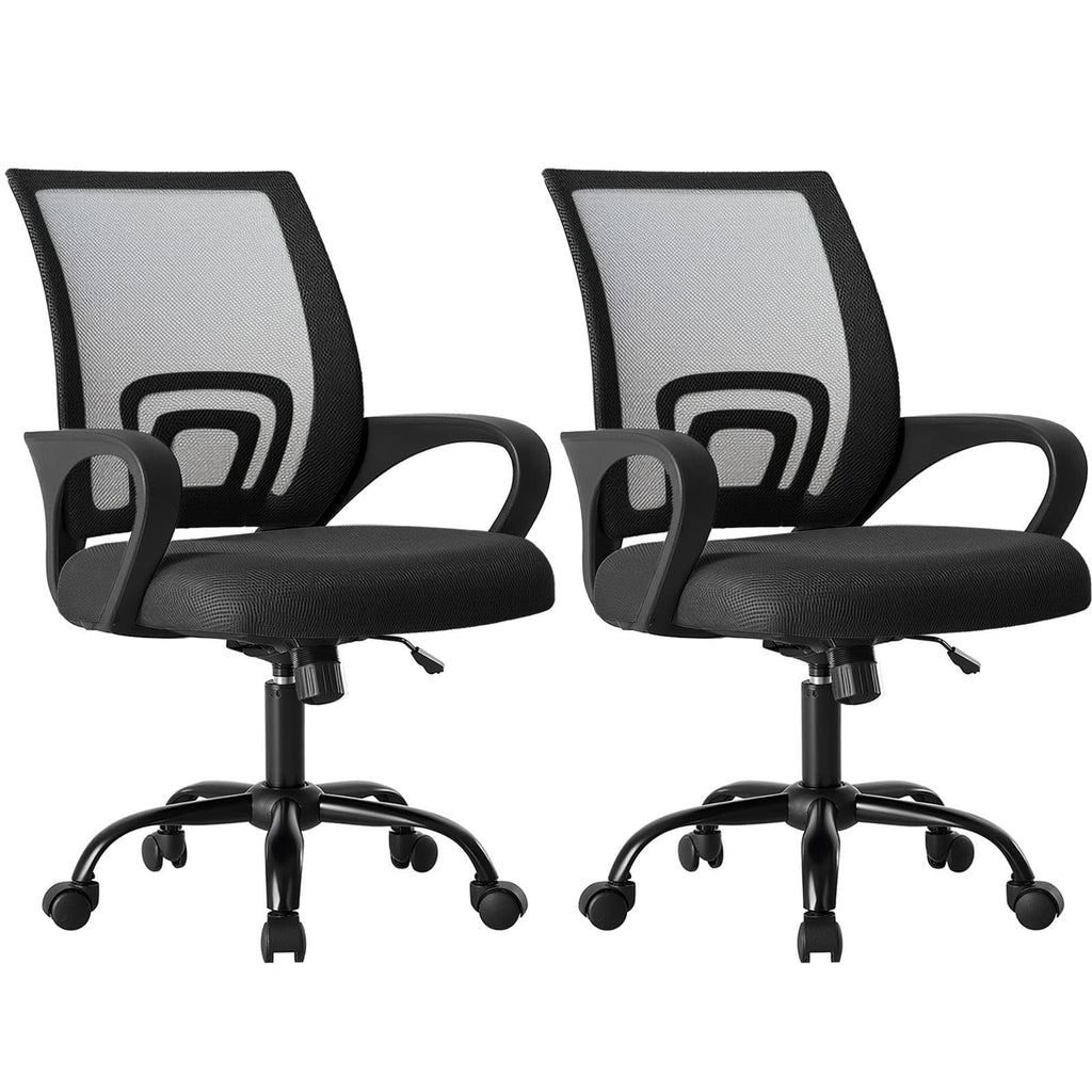 2 Pack, Office Desk Chair - Ergonomic Mid Back with Lumbar Support & Rocking Mode, Height Adjustable with Fixed Armrest, for Home, Computer, Gaming, Conference, Meeting, 360° Swivel, Black