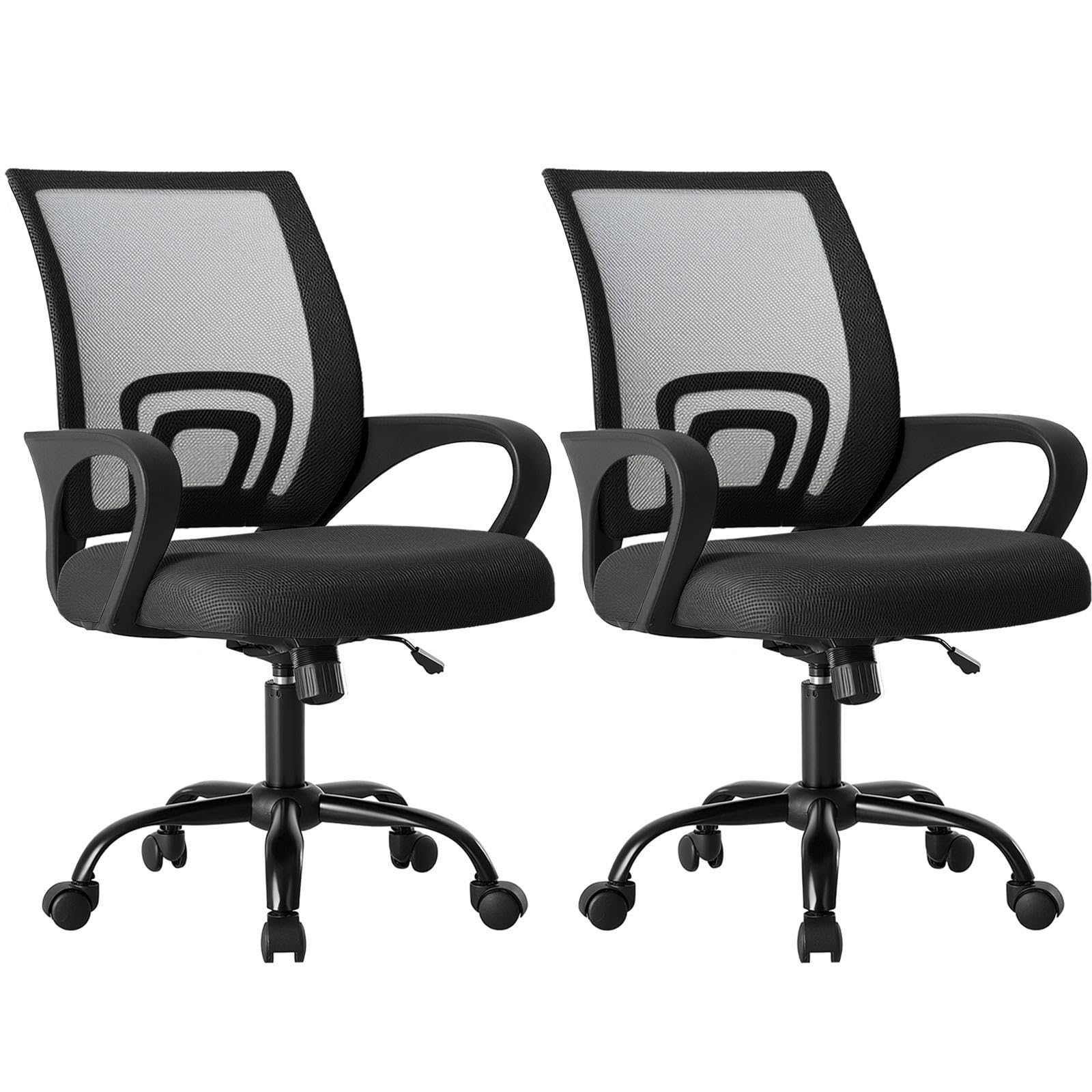 2 Pack, Office Desk Chair - Ergonomic Mid Back with Lumbar Support & Rocking Mode, Height Adjustable with Fixed Armrest, for Home, Computer, Gaming, Conference, Meeting, 360° Swivel, Black