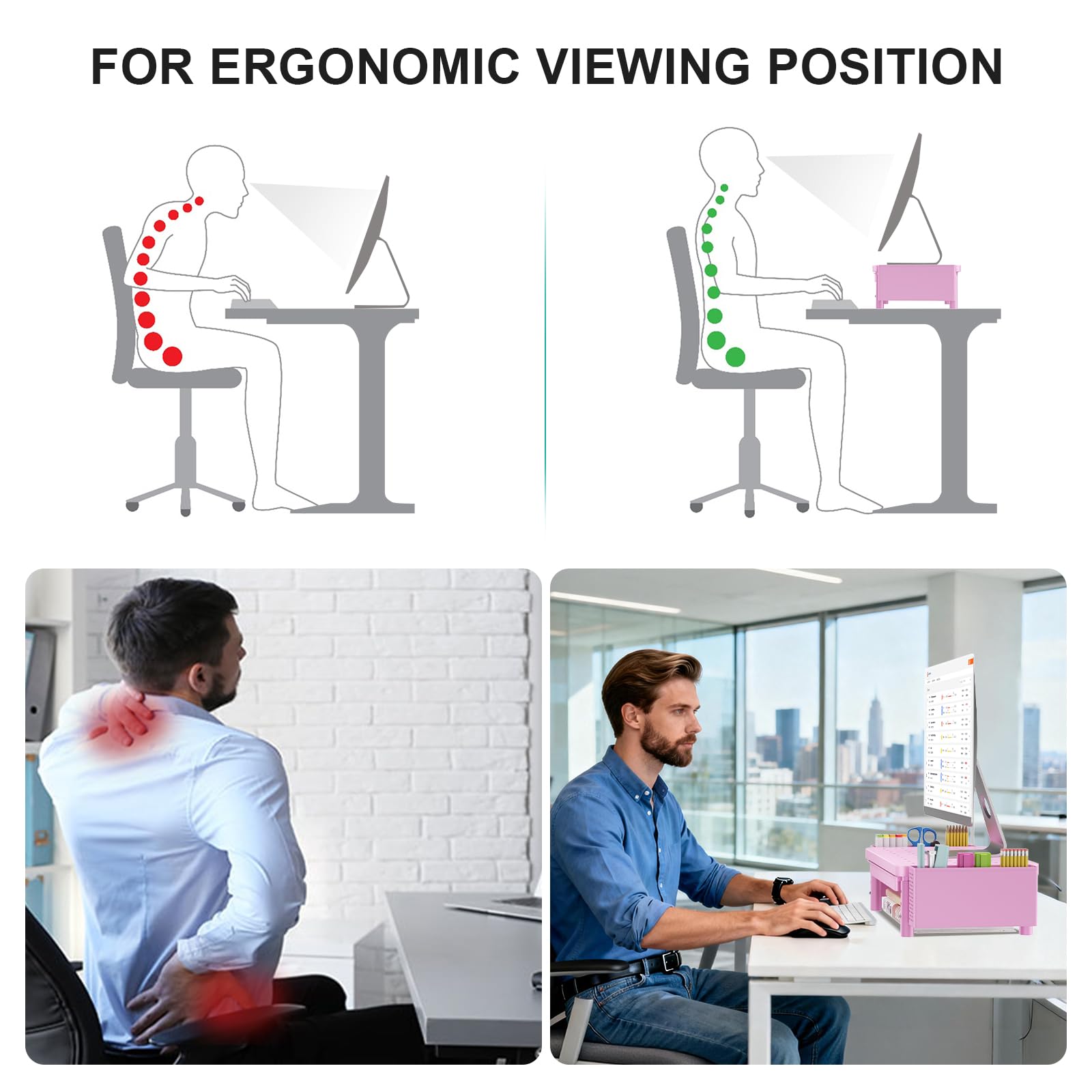 Computer Monitor Stand with Storage, Desk Organizer with Drawer and Pen Holder, Desk Monitor Riser 3 Height Adjustable, Laptop Riser for Computer, Laptop, Printer (PTT003-P), 1 Pack, Pink