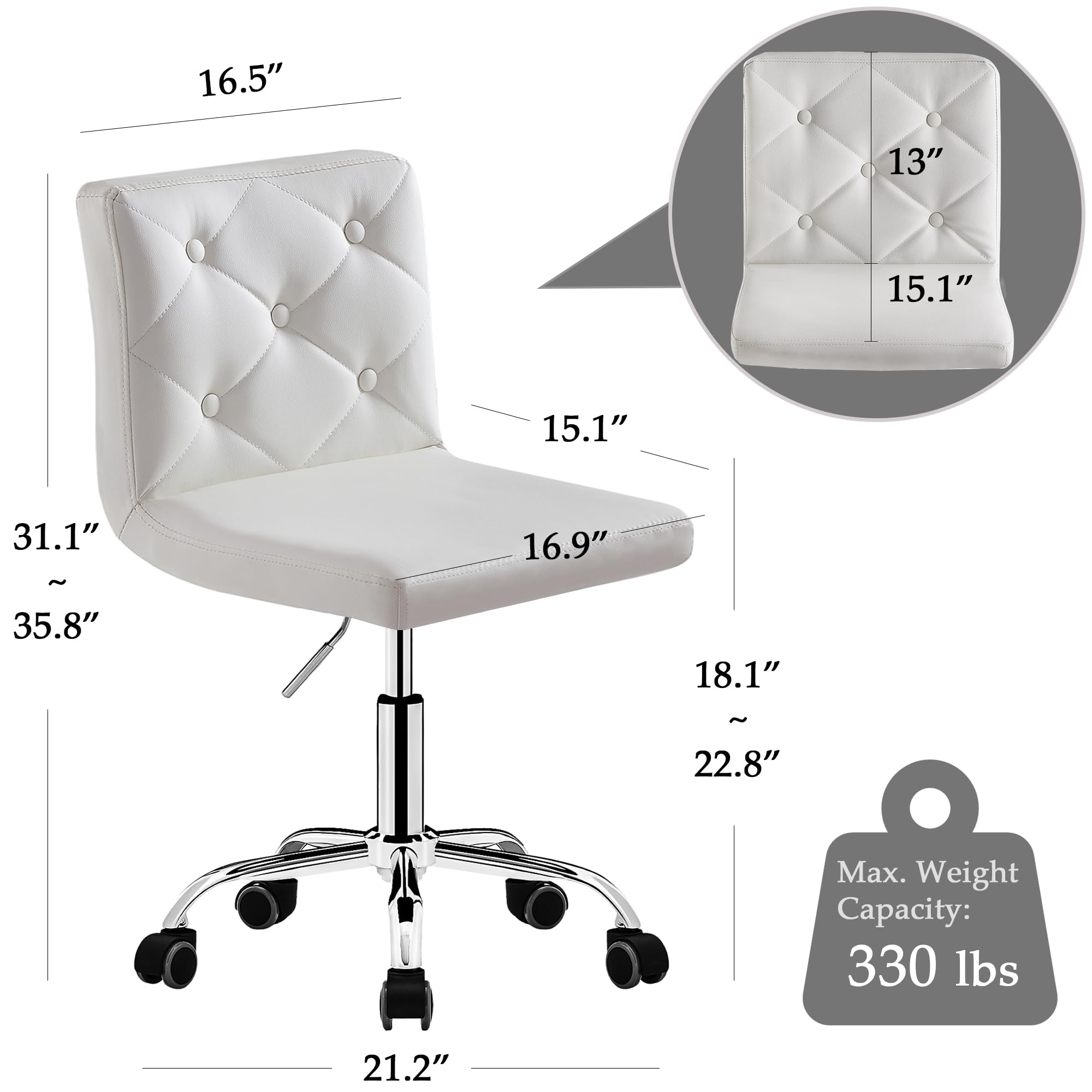 PU Leather Mid-Back Armless Vanity Chair Adjustable Height 360° Rolling Swivel for Office Work, White