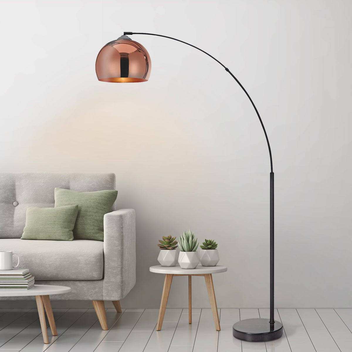 Arquer 66.93" Arc Floor Lamp for Living Rooms, Home Offices, Dining Rooms, Bedrooms with Faux Black Marble Base and Rose Gold Bell Shade