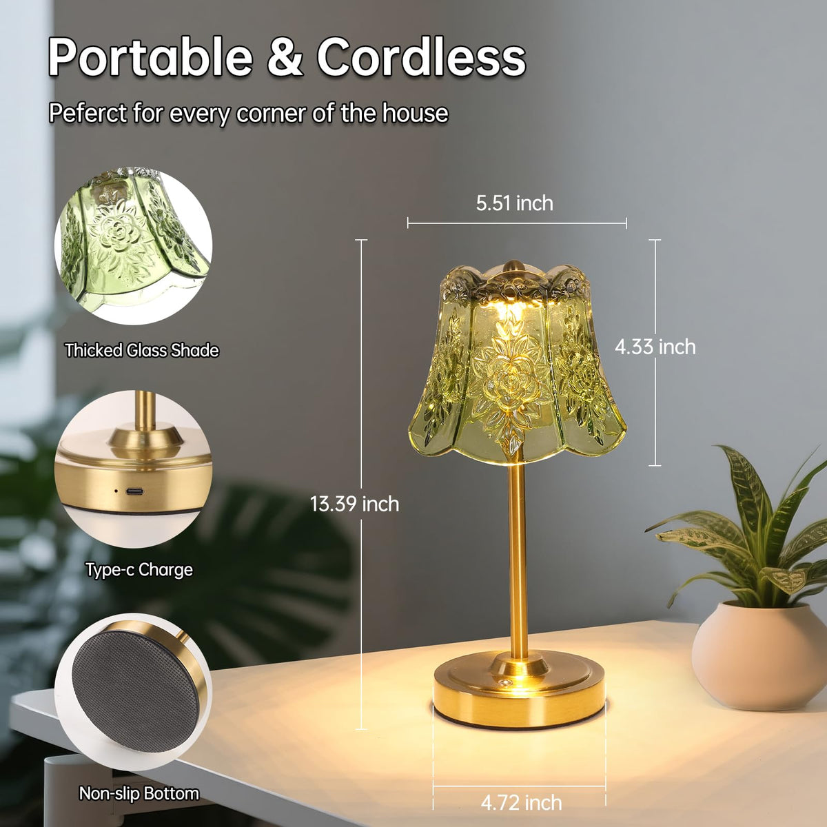 Set of 2 Cordless Touch Table Lamp with 5200mAh Battery - 3 Adjustable Color Temperatures & Dimmable, Rechargeable Lamp for Bedsides, Living Room, Entryway, Bookshelves (Green Rose)