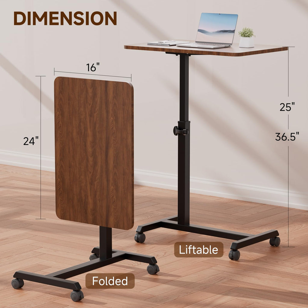 Small Standing Desk, 24 Inches Foldable Mobile Rolling Laptop PC Table with Lockable Casters, Adjustable Height Overbed Bedside Table Computer Workstation for Home Office, Dark Brown-Foldable