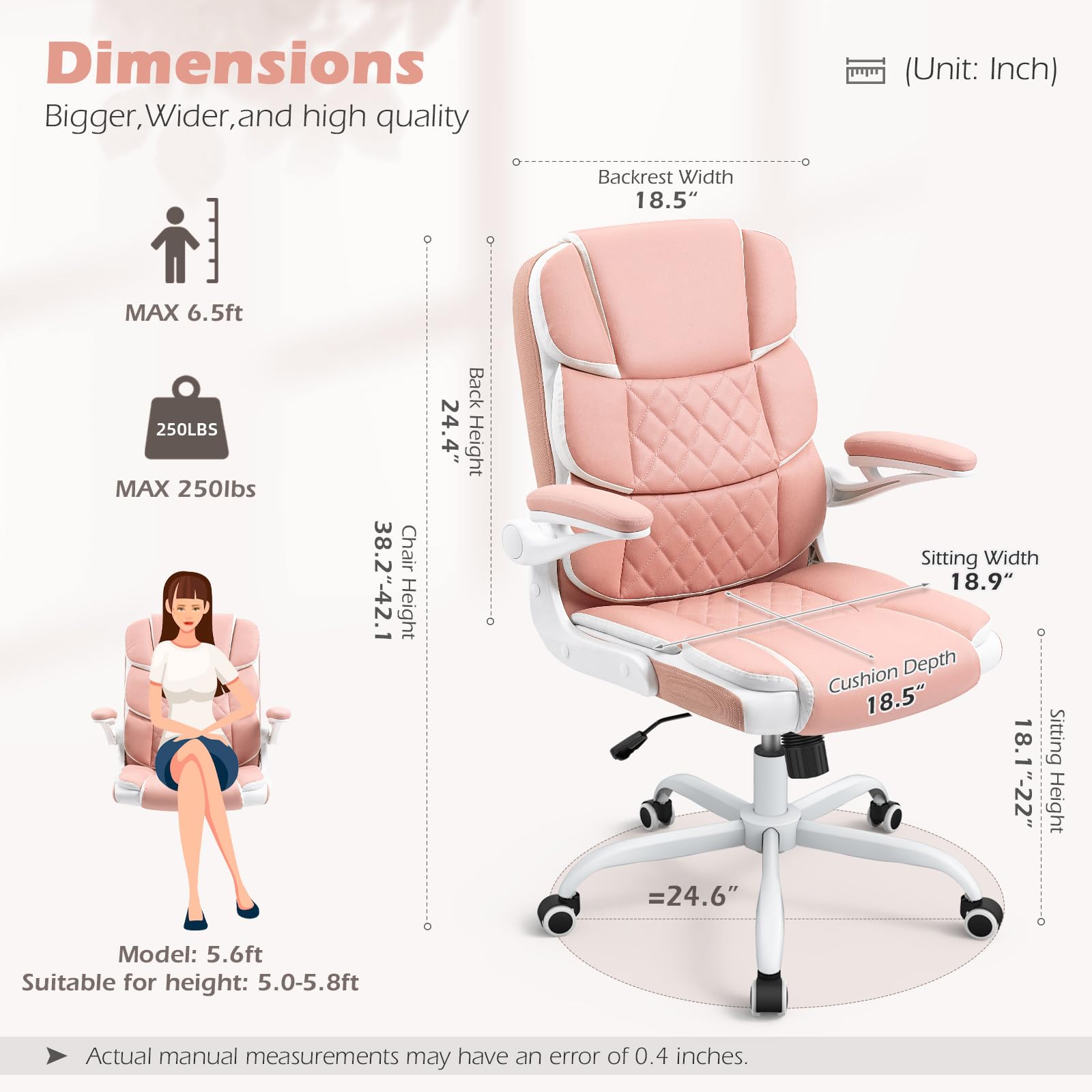 Pink Desk Chair Modern Executive Office Chair with Arms PU Leather Computer Desk Chair for Girls Women