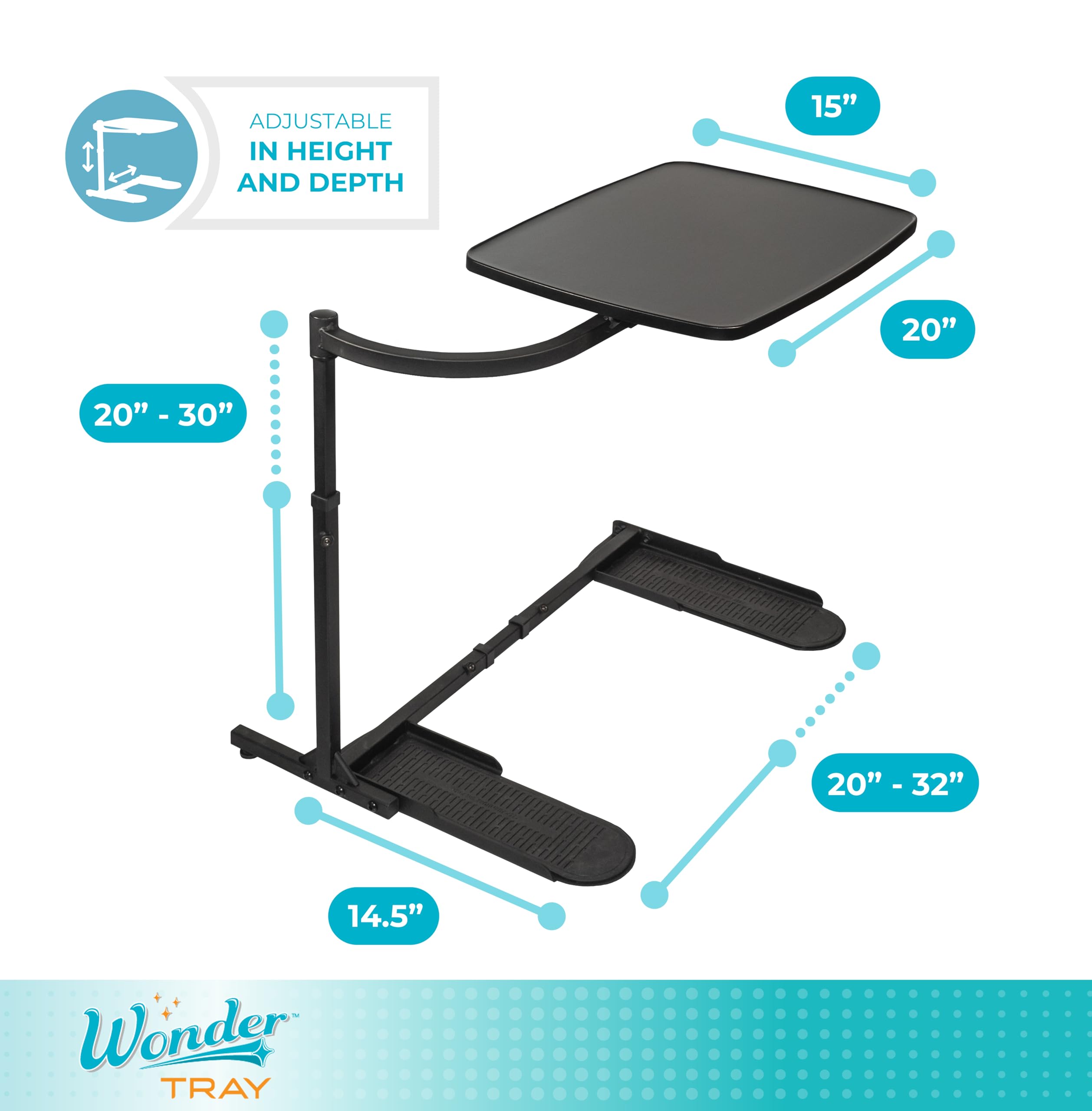 Wonder Tray, Adjustable Swivel Table, Large Laptop Stand, Couch Desk, Side Tables & Gaming Bench, TV-Trays for Eating on Couches, Chairs, Recliners, Black