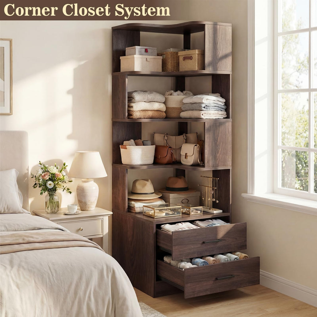 Corner Book Shelf with Drawers, Small Corner Shelf with Drawers