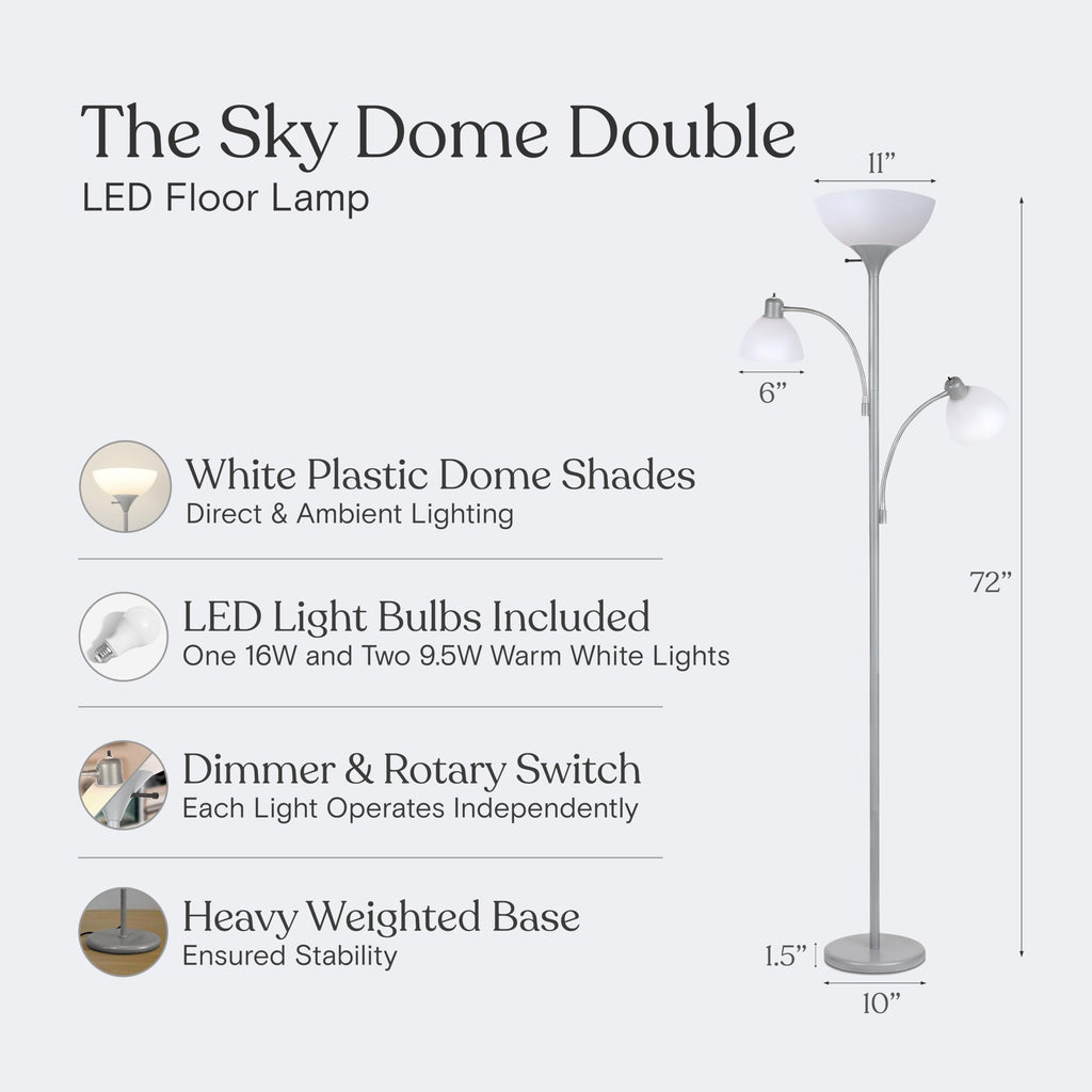 Sky Dome Double LED Floor lamp, Torchiere Super Bright Floor Lamp with 2 Reading Lamps for Living Rooms & Offices - Dimmable Tall Standing Lamp for Bedroom Reading - Tall Silver Pole