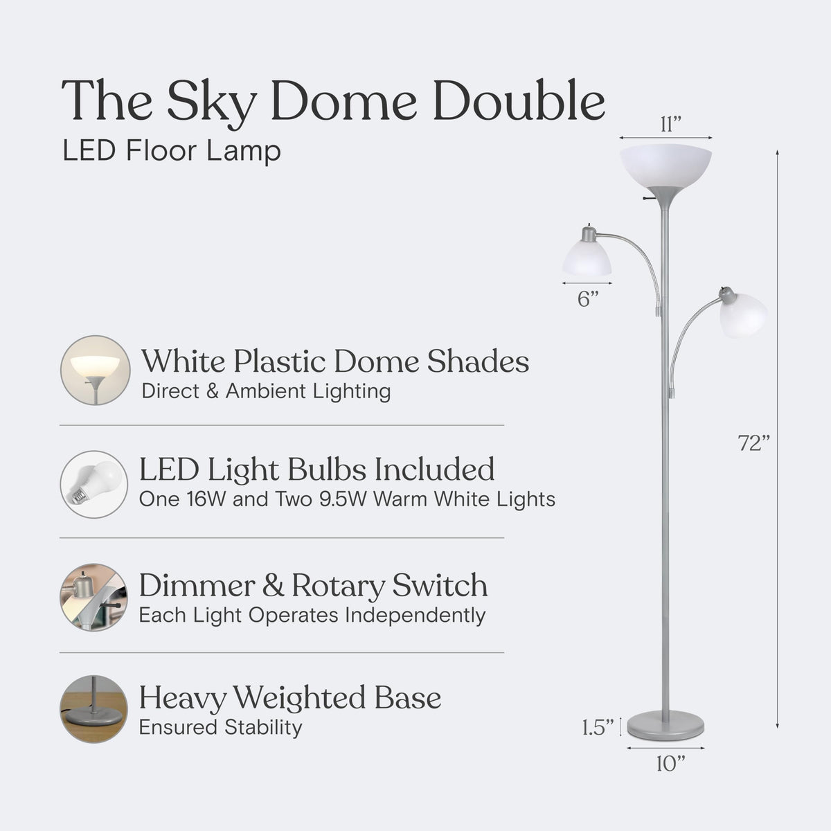 Sky Dome Double LED Floor lamp, Torchiere Super Bright Floor Lamp with 2 Reading Lamps for Living Rooms & Offices - Dimmable Tall Standing Lamp for Bedroom Reading - Tall Silver Pole