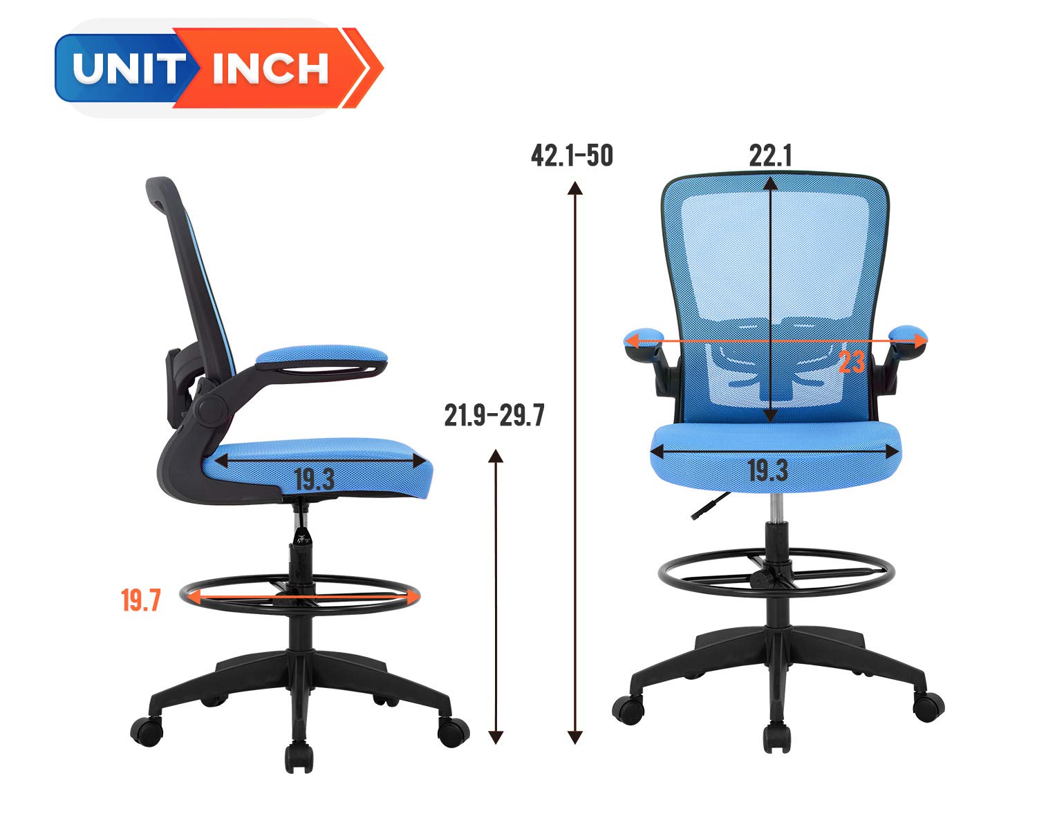 Drafting Chair Tall Office Chair Adjustable Height with Lumbar Support Arms Footrest Mid Back Standing Desk Chair Swivel Rolling Mesh Computer Chair Standing Desk Drafting Stool Blue