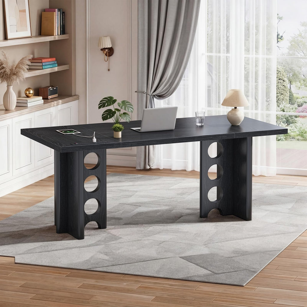63 Inch Executive Office Desk, Large Computer Office Desks with Power Outlet, Modern Laptop Desk Writing Table Workstation Business Furniture for Home Office, Black