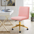 Armless Vanity Chair with Wheels, Computer Rolling Desk Chair with Back, Pink Office Chair with Height Adjustable Soft Velvet Fabic Gold Metal Base Stool,Pink