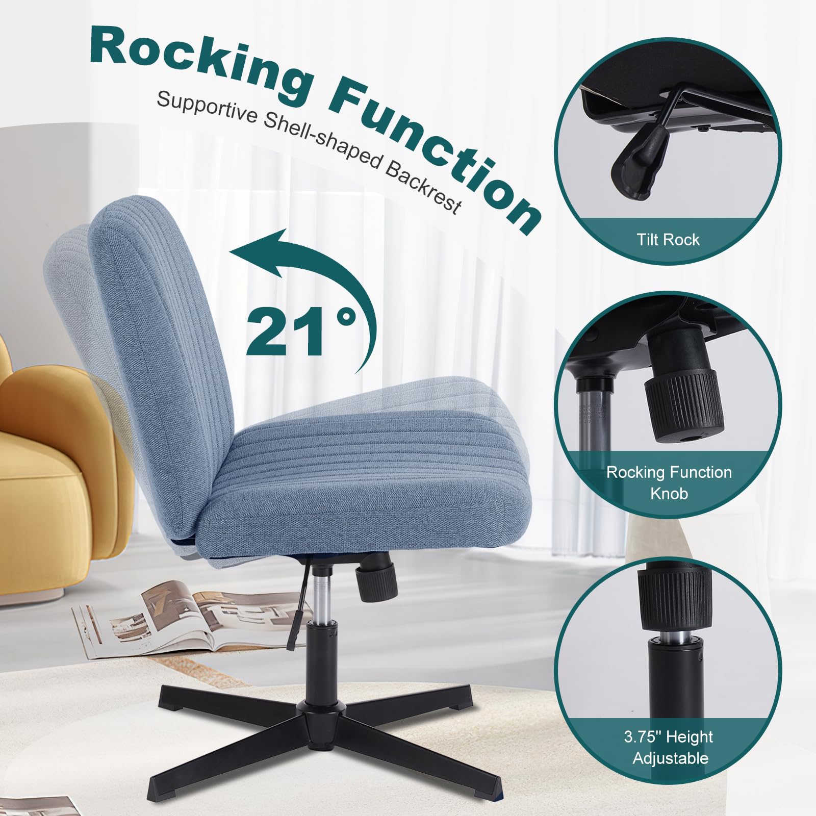 Criss Cross Chairs Legged Armless No Wheels Wide Seat Height Adjustable Swivel Rolling Padded Fabric Home Office Desk Seating for Bedroom, Student, Study Room