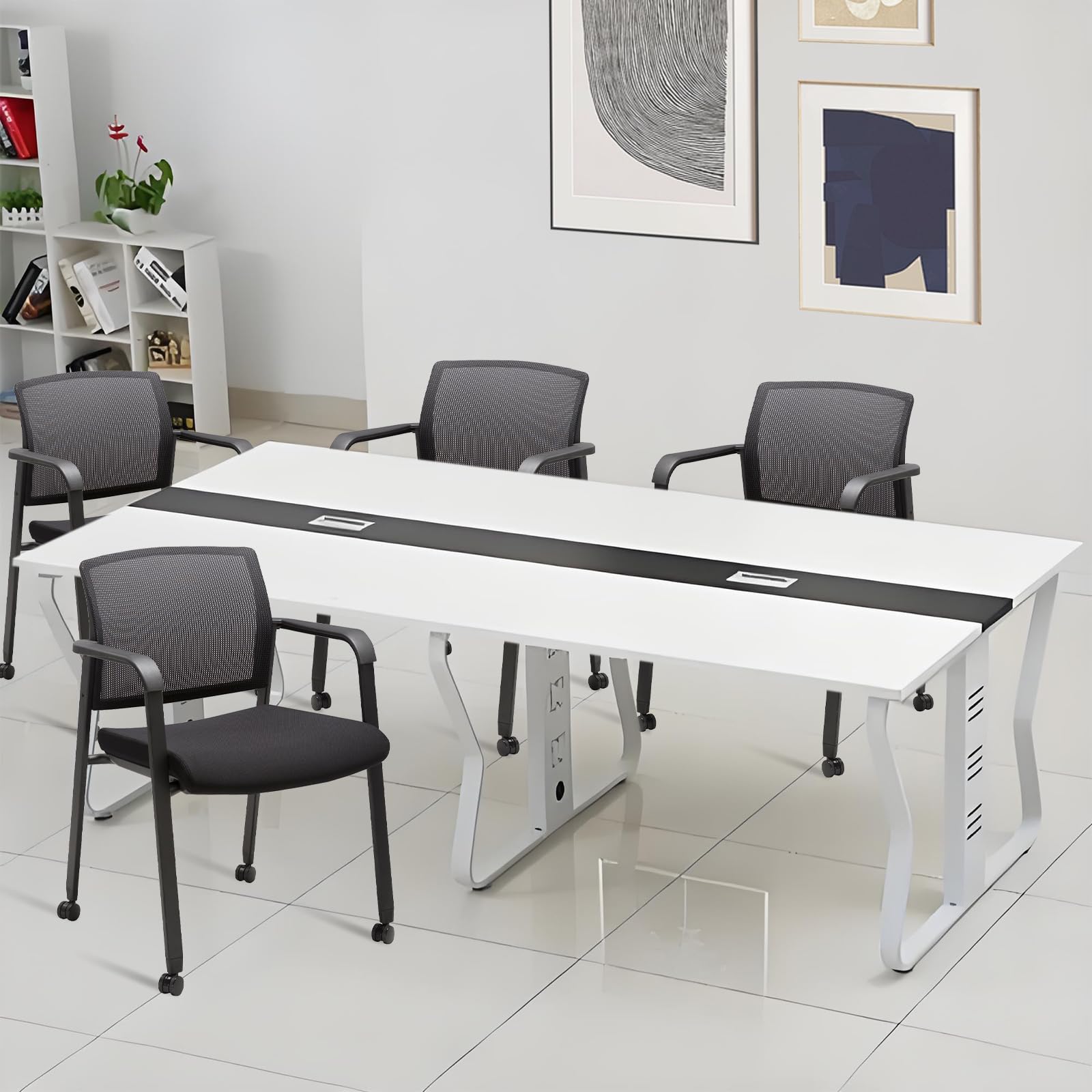 Mesh Back Guest Reception Arm Chairs with Wheels, Waiting Room Chairs with Upholstered Fabric Seat and Ergonomic Lumbar Support for Office