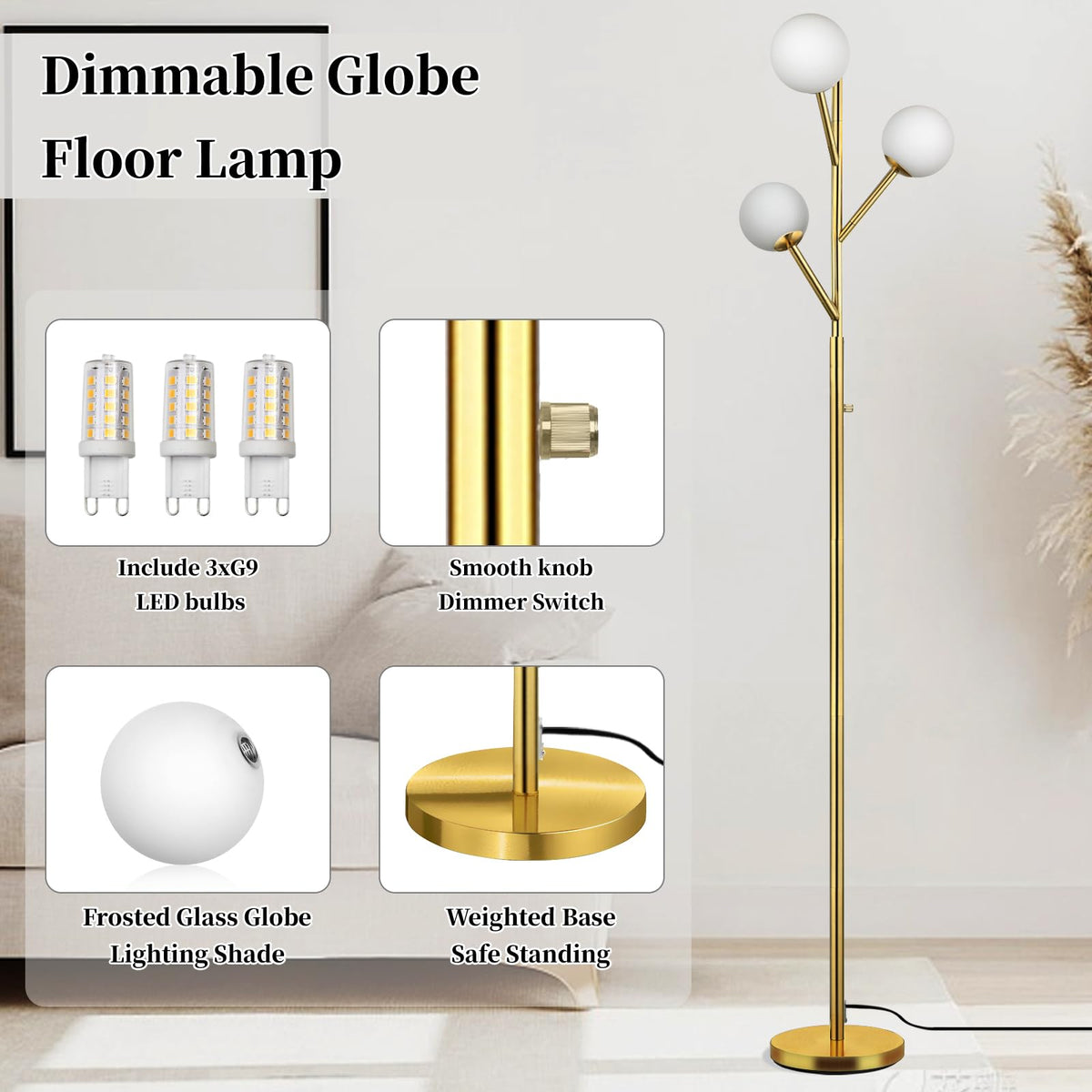 70in Gold 3-Globe Mid Century Dimmable Floor Lamp for Living Room G9 LED Bulbs Included,Modern Standing Lamp with Frosted Glass Shade for Bedroom,Studyroom Antique Brass Lighting(dimmer-Gold)