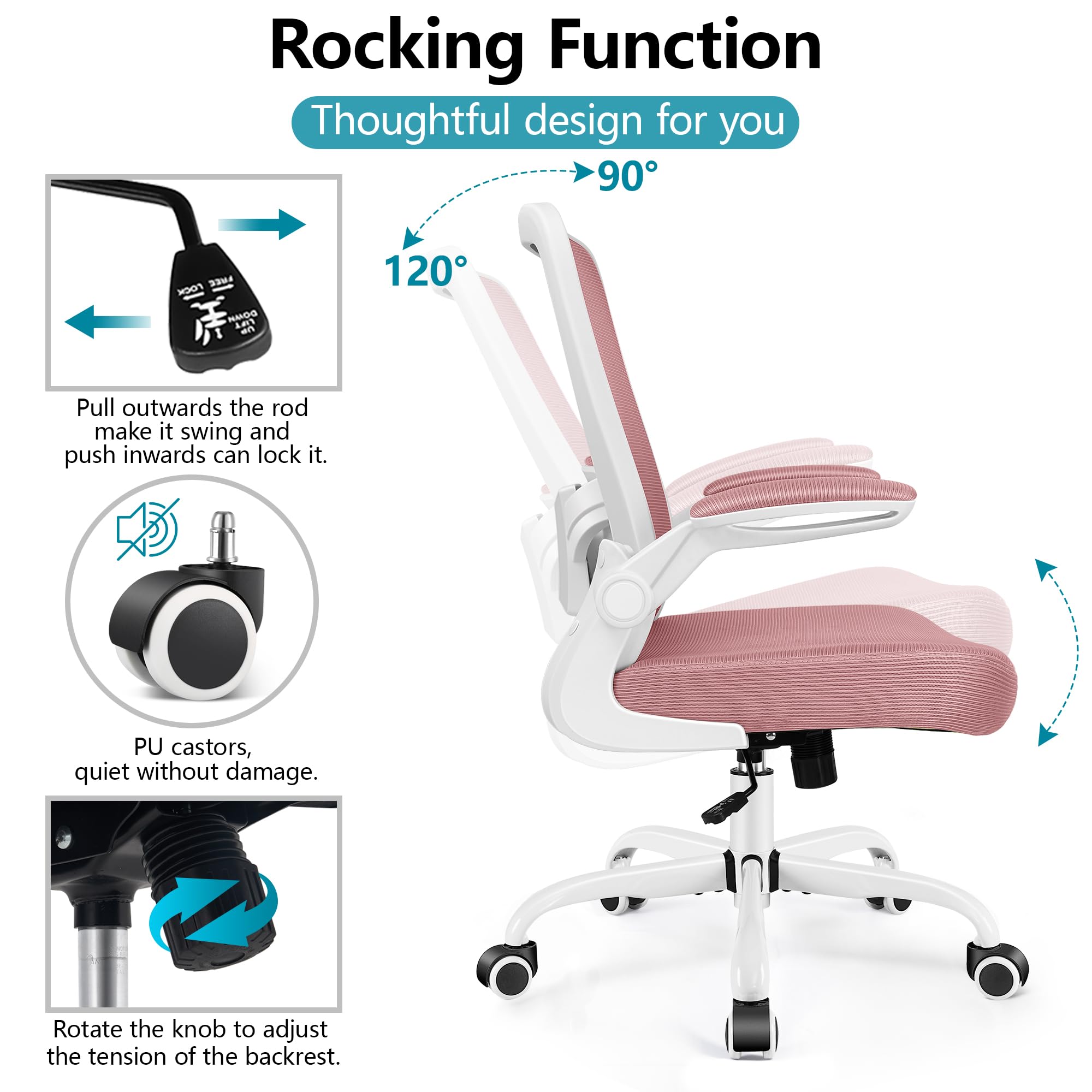 Office Chair, Ergonomic Desk Chair Breathable Mesh Chairs Adjustable High Back Lumbar Support Flip-up Armrests, Executive Rolling Swivel Comfy Computer Chairs Home Office Rose Quartz