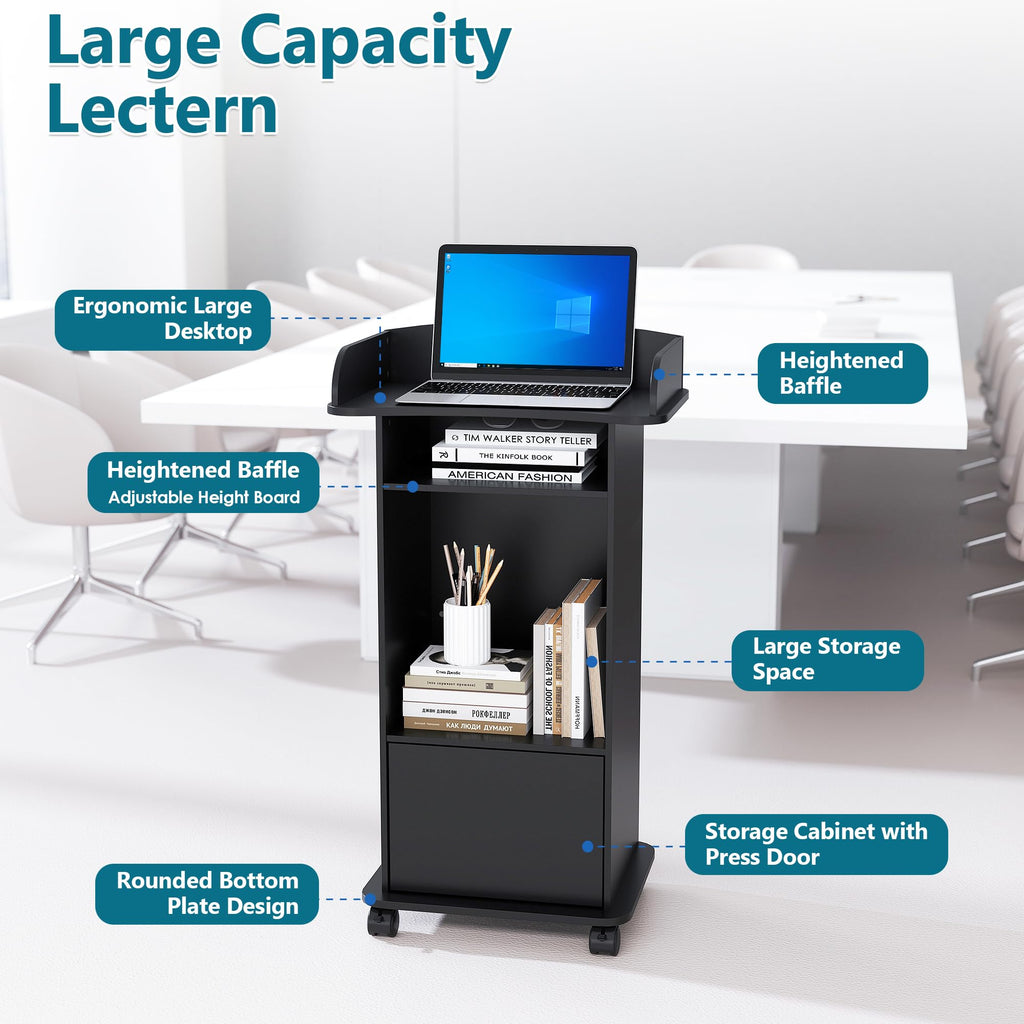 Podium Stand with Wheels Wooden Lectern Podium Stand Portable Pulpit Standing with Storage Mobile Reception Podiums Desk for Church Office School Conference Restaurant Meeting, Black