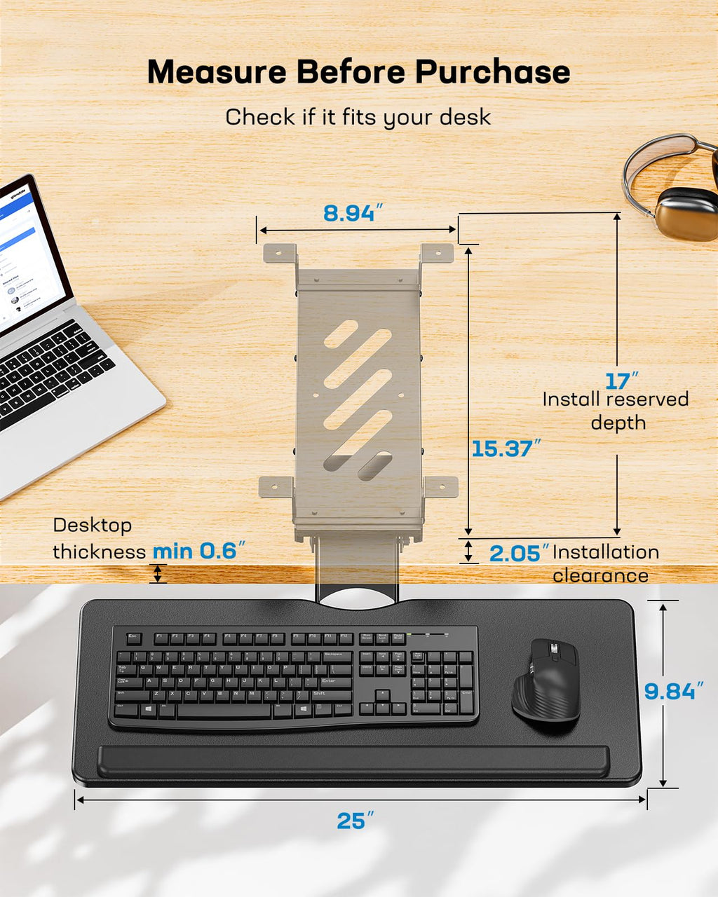 Keyboard Tray Under Desk, Adjustable Ergonomic Keyboard & Mouse Tray, Flat Bottom Or Cross Beam Installation, Smooth Sliding Keyboard Holder for Typing in Home Office, Easy Setup, 25″W x 9.84″D