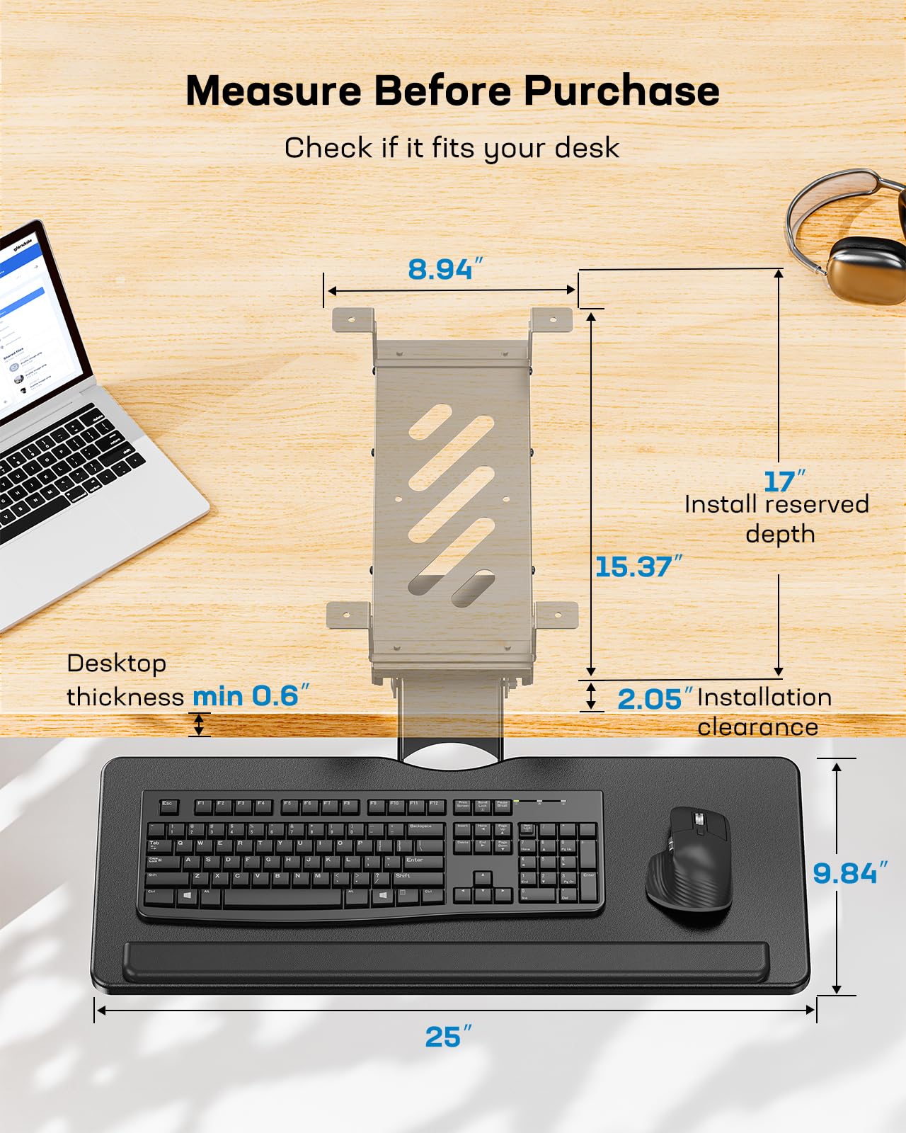 Keyboard Tray Under Desk, Adjustable Ergonomic Keyboard & Mouse Tray, Flat Bottom Or Cross Beam Installation, Smooth Sliding Keyboard Holder for Typing in Home Office, Easy Setup, 25″W x 9.84″D