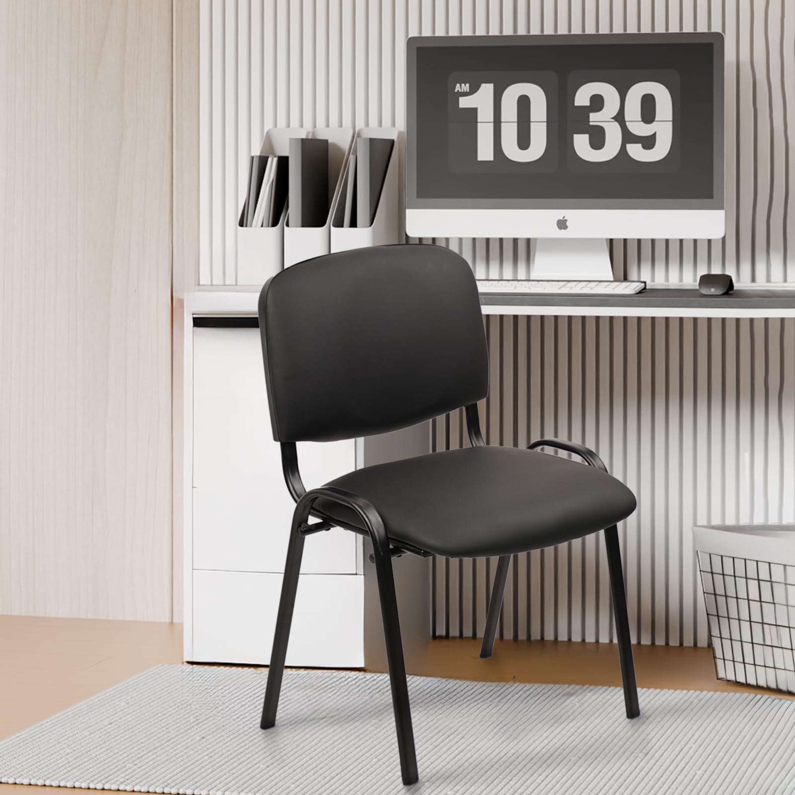 Stacking Waiting Room Chairs, PU Leather Armless Office Guest Chair with Metal Frames, Stackable Conference Room Chairs No Wheels for Reception Lobby Side Meeting Training School, Black