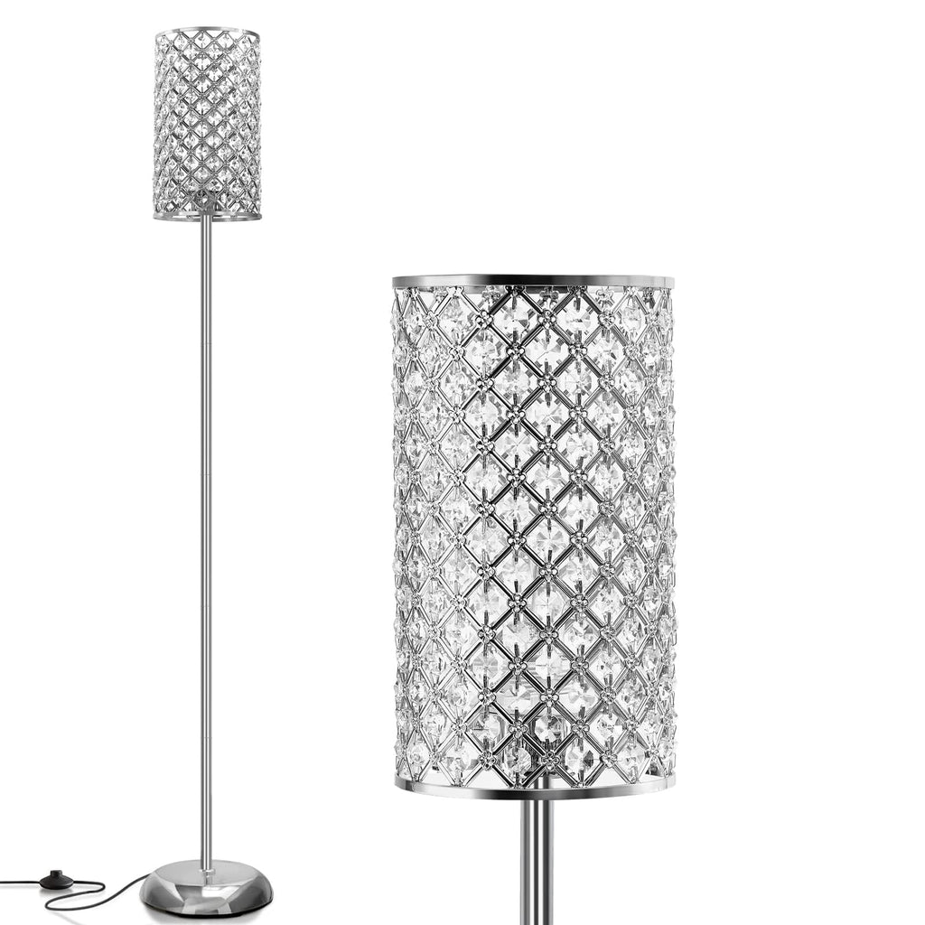 Crystal Floor Lamp, Elegant Standing Lamp Modern Floor Lamp Silver Finish Tall Pole Lamp Accent Light with On/Off Foot Switch for Living Room, Girl Bedroom, Dresser, Office