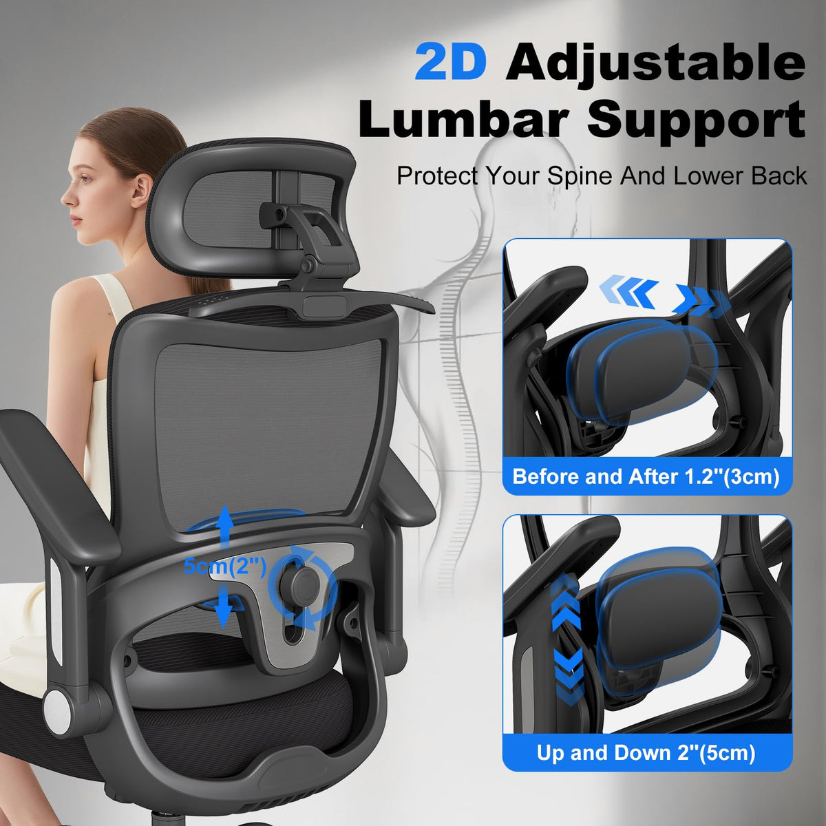 Ergonomic Office Chair, Home Computer Chair with 3D Adjustable Headrest and 4D Flip-Up Armrests, Adjustable Lumbar Support, Suitable for Office and Study, 6PC, Black