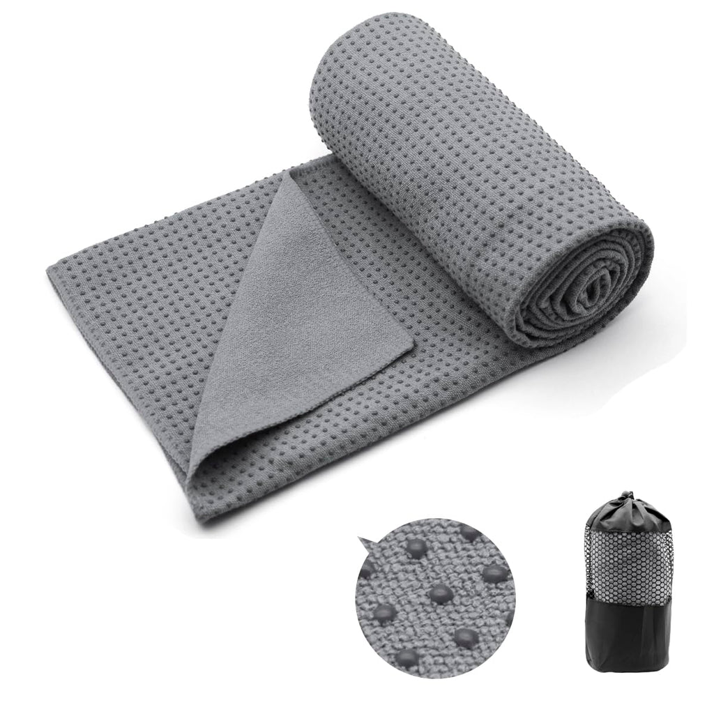 Yoga Towel,Hot Yoga Mat Towel with Grip Dots Sweat Absorbent Non-Slip for Hot Yoga, Pilates and Workout 24" x72", Dark Gray