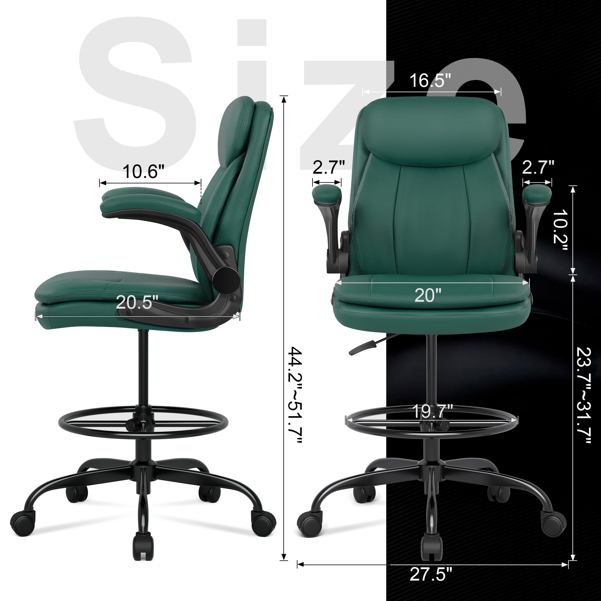 Drafting Chair, Tall Office Chair for Standing Desk, High Leather Executive Office Chair with Adjustable Height and Flip-up Armrest for Counter Height Desk Green