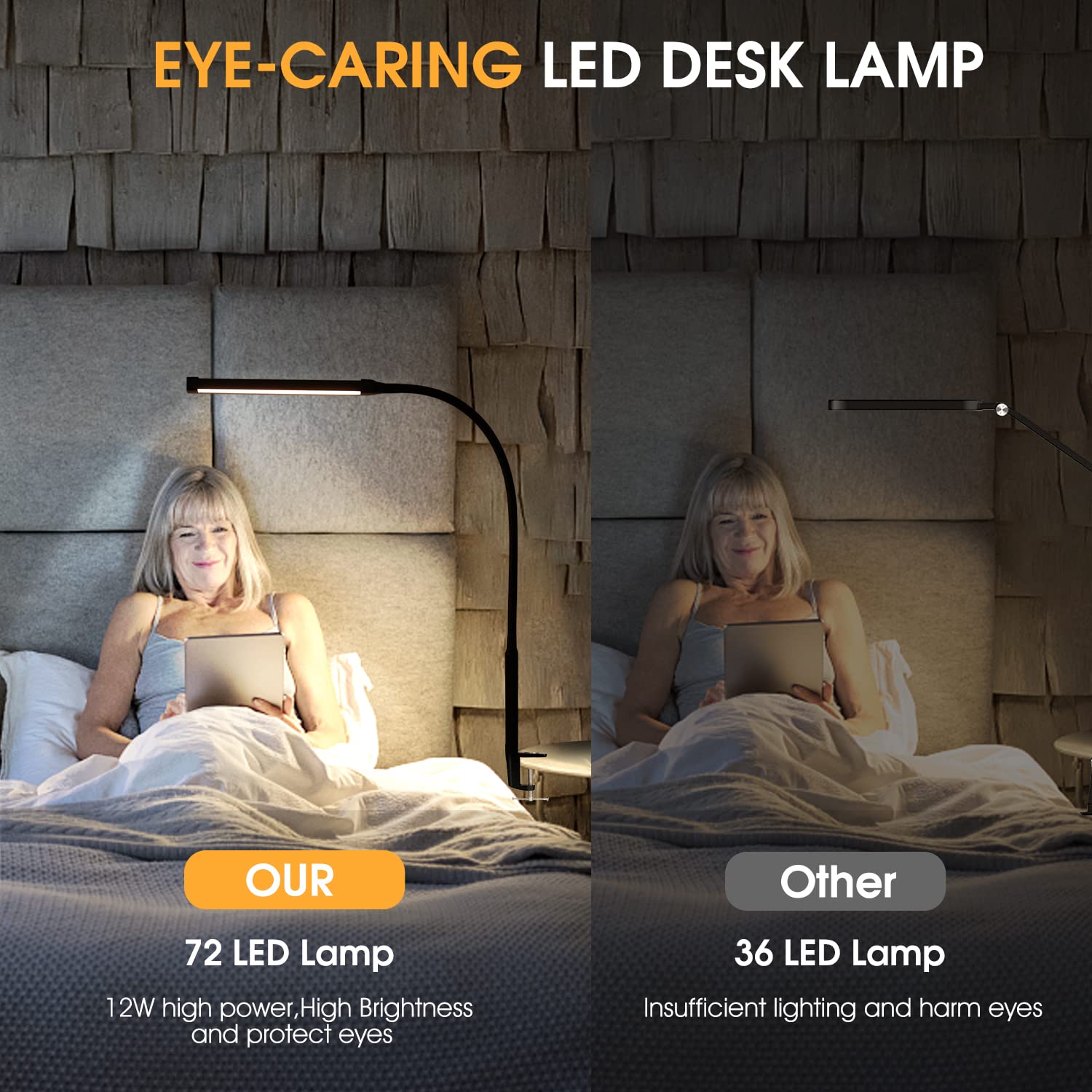 LED Desk Lamp with Clamp, Eye-Caring Clip on Lights for Home Office, 3 Modes 10 Brightness, Long Flexible Goose-Neck, Metal, Swing Arm Architect Task Table Lamps with USB Adapter, Black