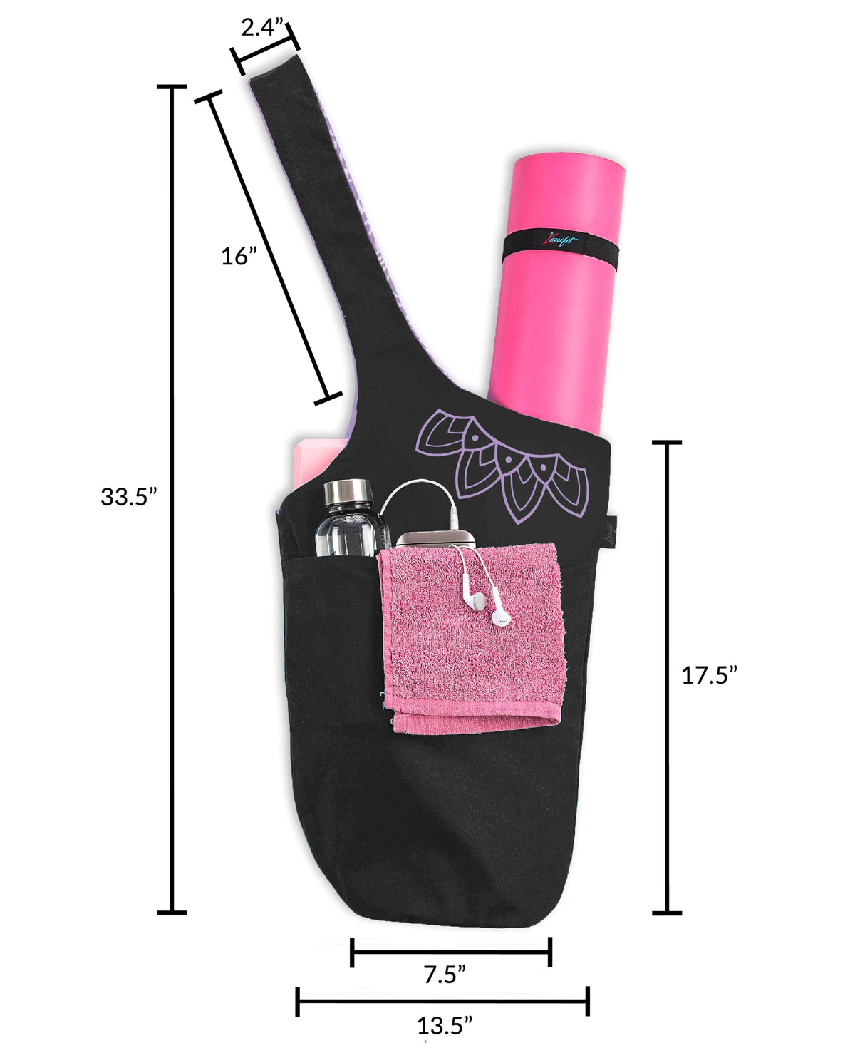 Yoga Mat Bag & Carrier with Pockets, Black & Lavender Bliss