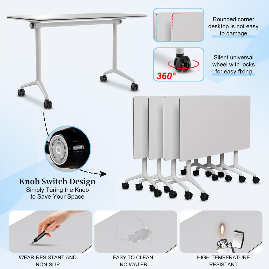 Conference Table, Folding Conference Room Tables, Modern Flip Top Seminar Training Meeting Table with Wheels, Modular Foldable Conference Tables for Home Office Classroom (White 4 Pack,47.2inch)