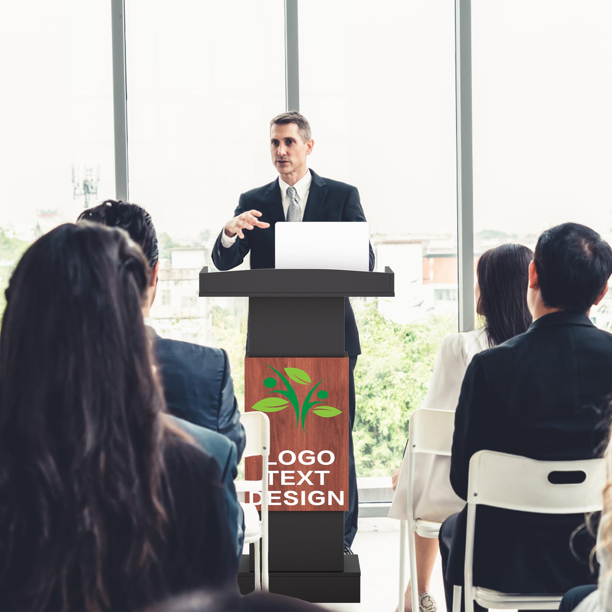 Customizable Logo & Text Podium Stand,Wood Lectern with Adjustable Partition,Church Pulpit with Storage,Mic Stand Space,Wooden Podium for Churches,Seminars and Schools