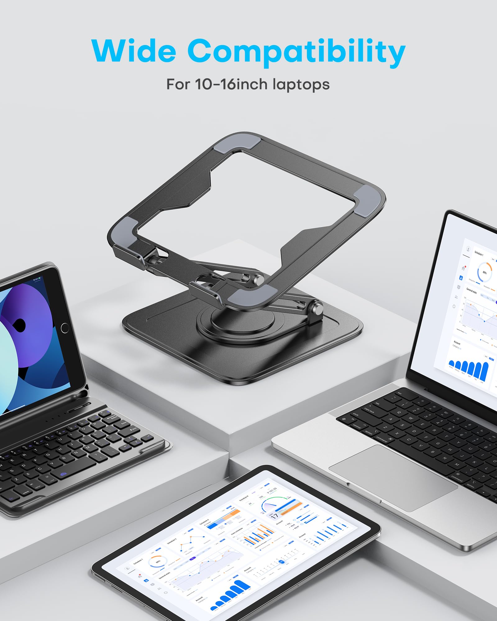 Adjustable Laptop Stand, Computer Stand with 360 Rotating Base, Ergonomic Laptop Riser Mount for Desk Foldable Protable Computer Desk Fits with MacBook Pro Air (10-16") - Black
