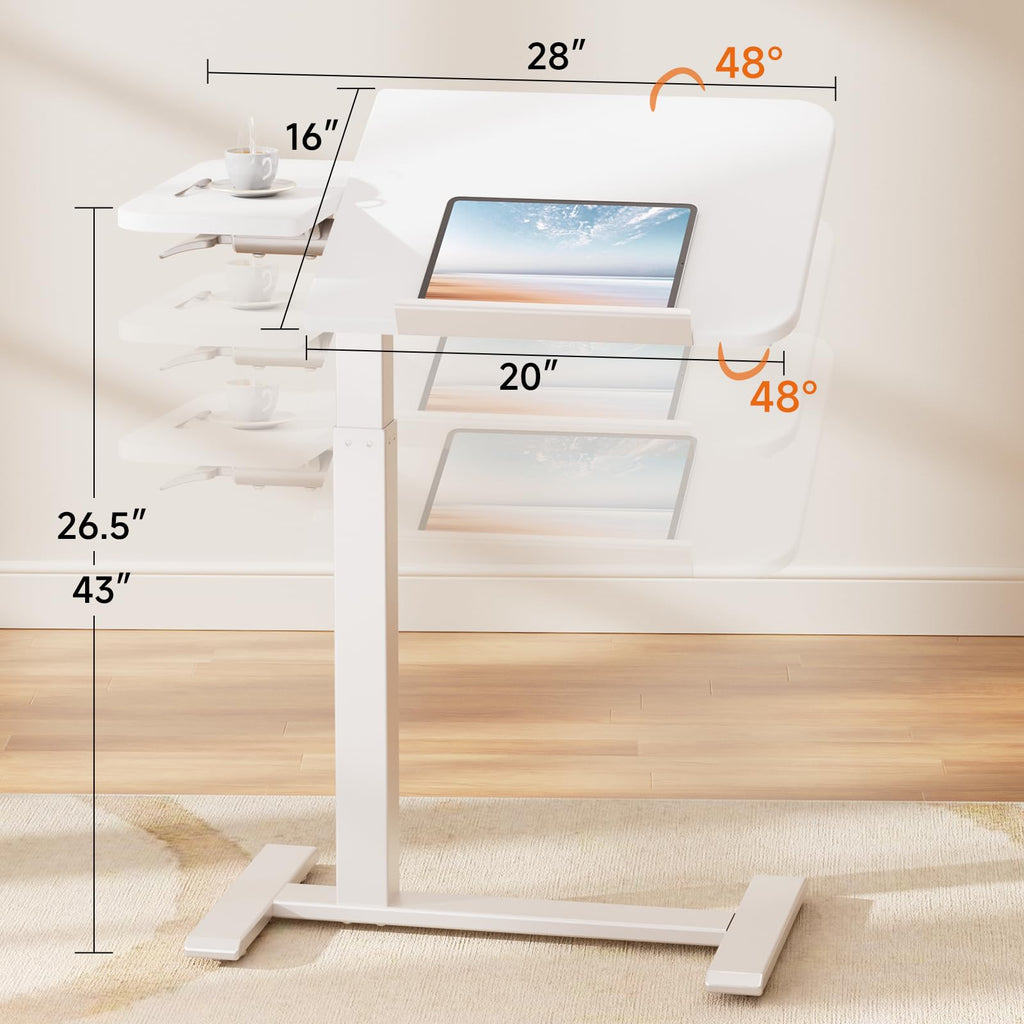 Tiltable Mobile Small Standing Desk, Pneumatic Adjustable Height Overbed Bedside Table with Wheels, Sit Stand Portable Rolling Laptop Desk Computer Workstations, White