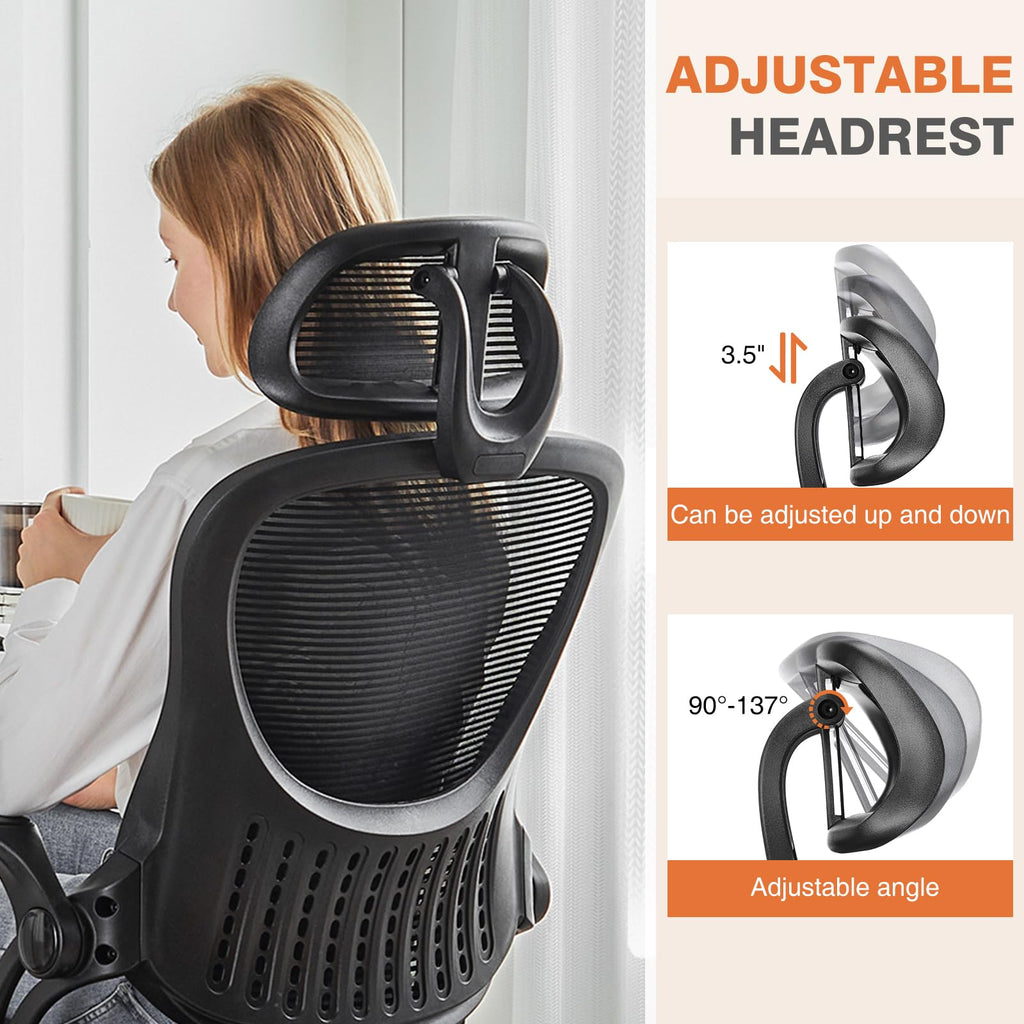 Home Office Managerial Executive Chair, High-Back Mesh with Adjustable Headrest, Flip-up Armrest Comfortable Lumbar Support, Comfy Arms for Bedroom,Study,Student
