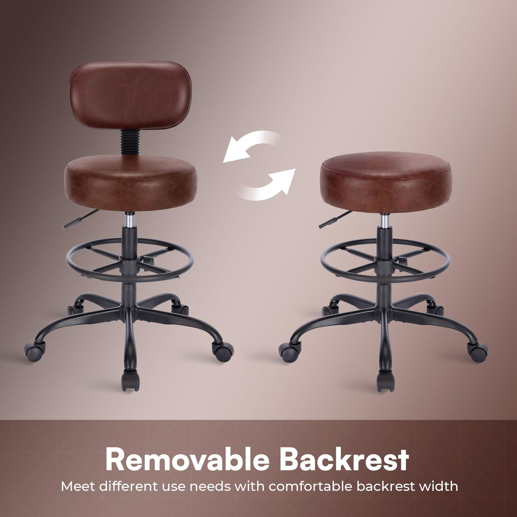 Drafting Chair with Back, Adjustable Foot Rest Rolling Stool, Multi-Purpose Office Desk Chair, Thick Seat Cushion for Home Bar Kitchen Shop - Rustic Brown