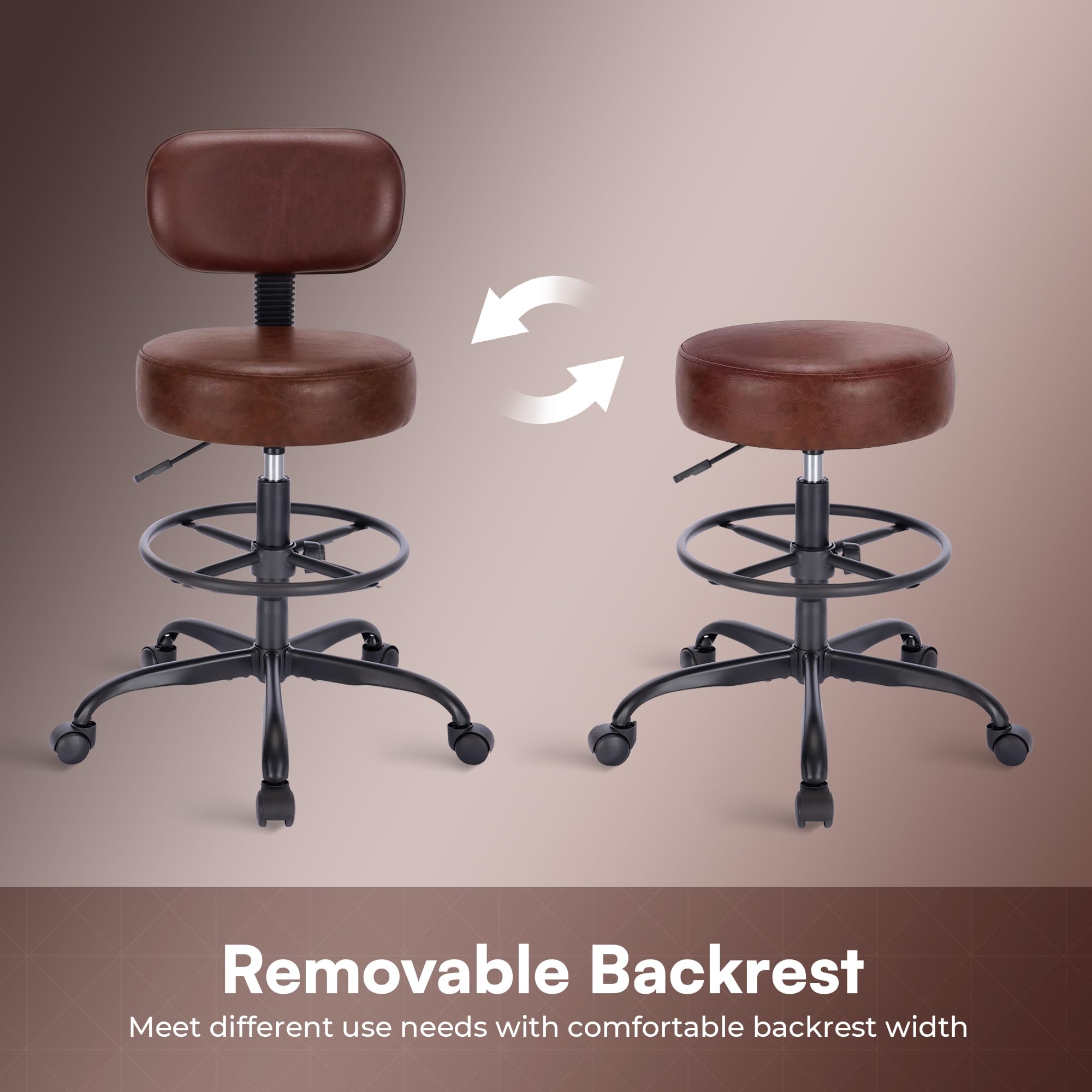 Drafting Chair with Back, Adjustable Foot Rest Rolling Stool, Multi-Purpose Office Desk Chair, Thick Seat Cushion for Home Bar Kitchen Shop - Rustic Brown