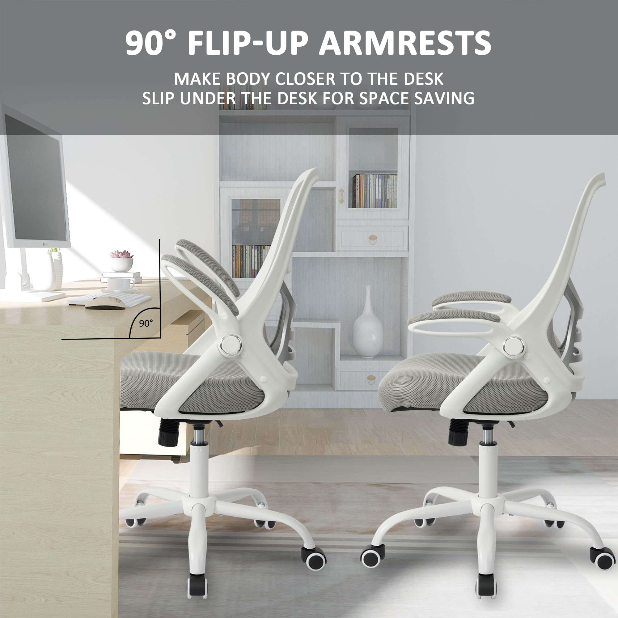 Office Chair Ergonomic Chair with Flip up Armrests, Thickened Seat Computer Chair with Breathable Mesh Back Home Office Computer Chairs for Long Hours Mesh Office Chair(Grey)
