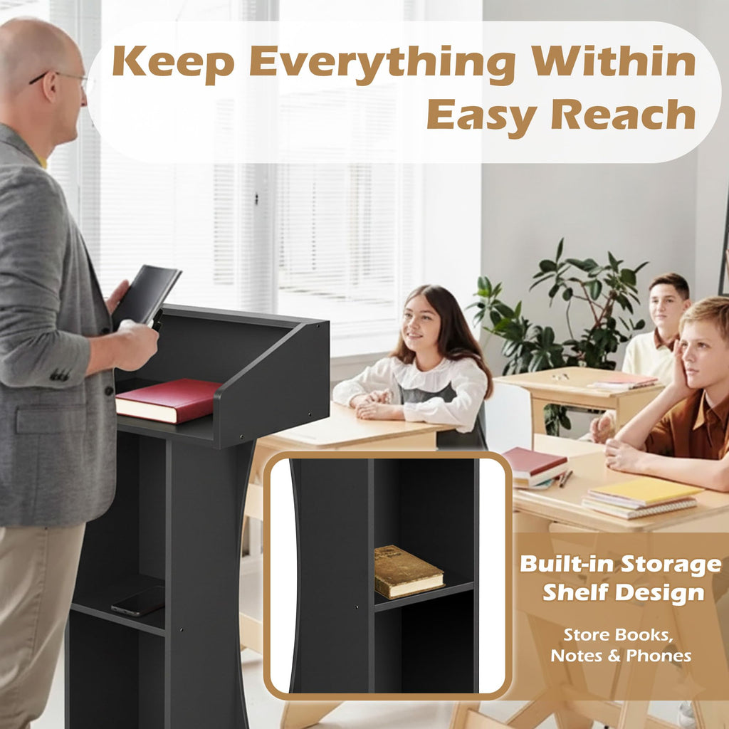 Podium Stand with Lockable Wheels,47"H Wooden Podium for Classroom, Mobile Pulpit Lectern with 3 Storage Shelves for Church, Office,Conference Room (Black)