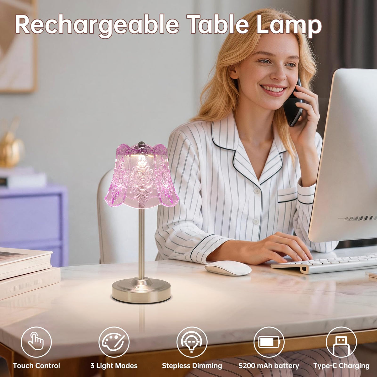 Cordless Touch Table Lamp with 5200mAh Battery - 3 Adjustable Color Temperatures & Dimmable, Rechargeable Desk Lamp for Bedroom, Living Room, Office, Entryway, Bookshelves (Clear Purple Rose)