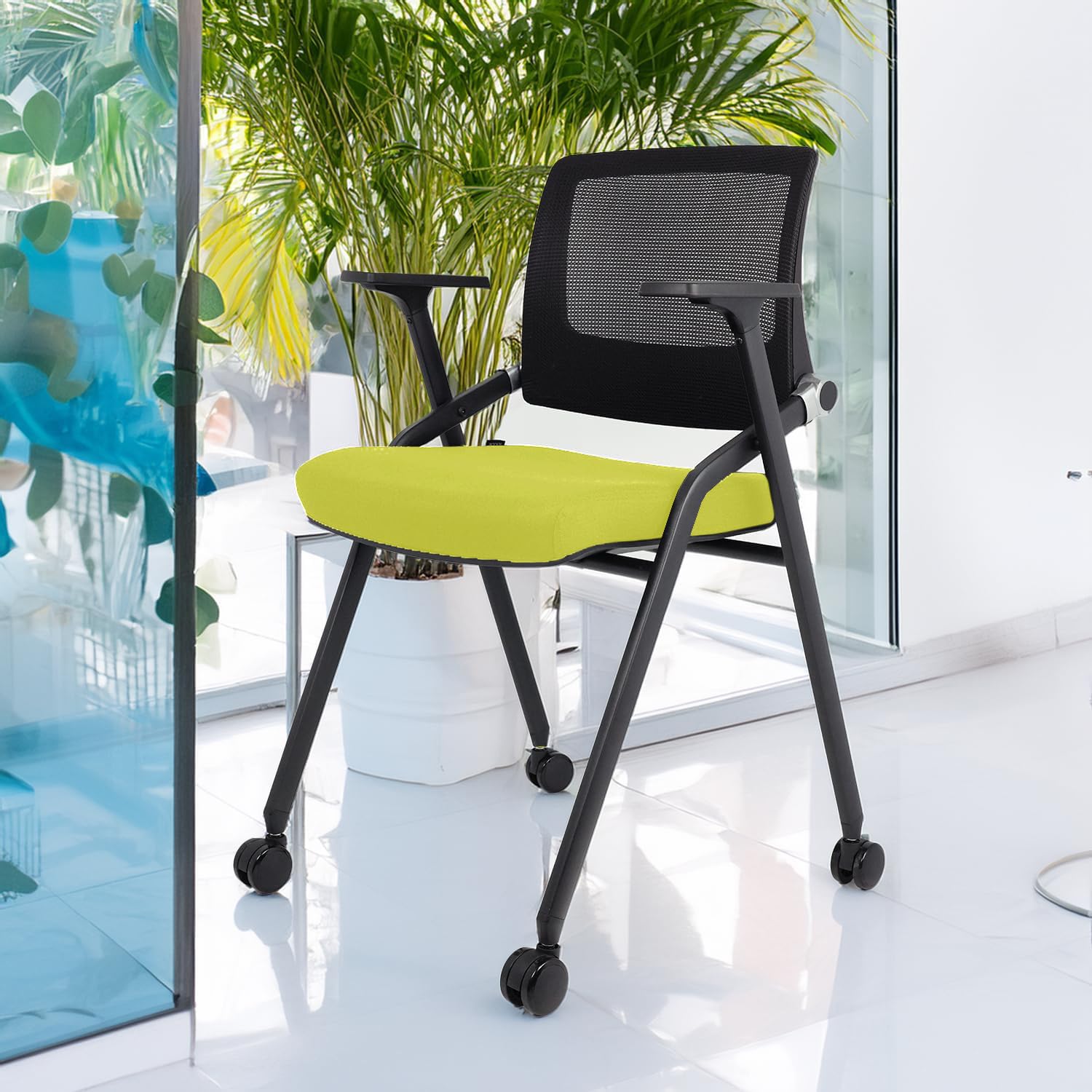 2 Pack Foldable Office Chairs with Wheels, Mesh Back, Arms and Portable - Folding Office Chairs for Conference Room Chair, Office Guest & Reception & Meeting Chair - (Green) 300 lbs.